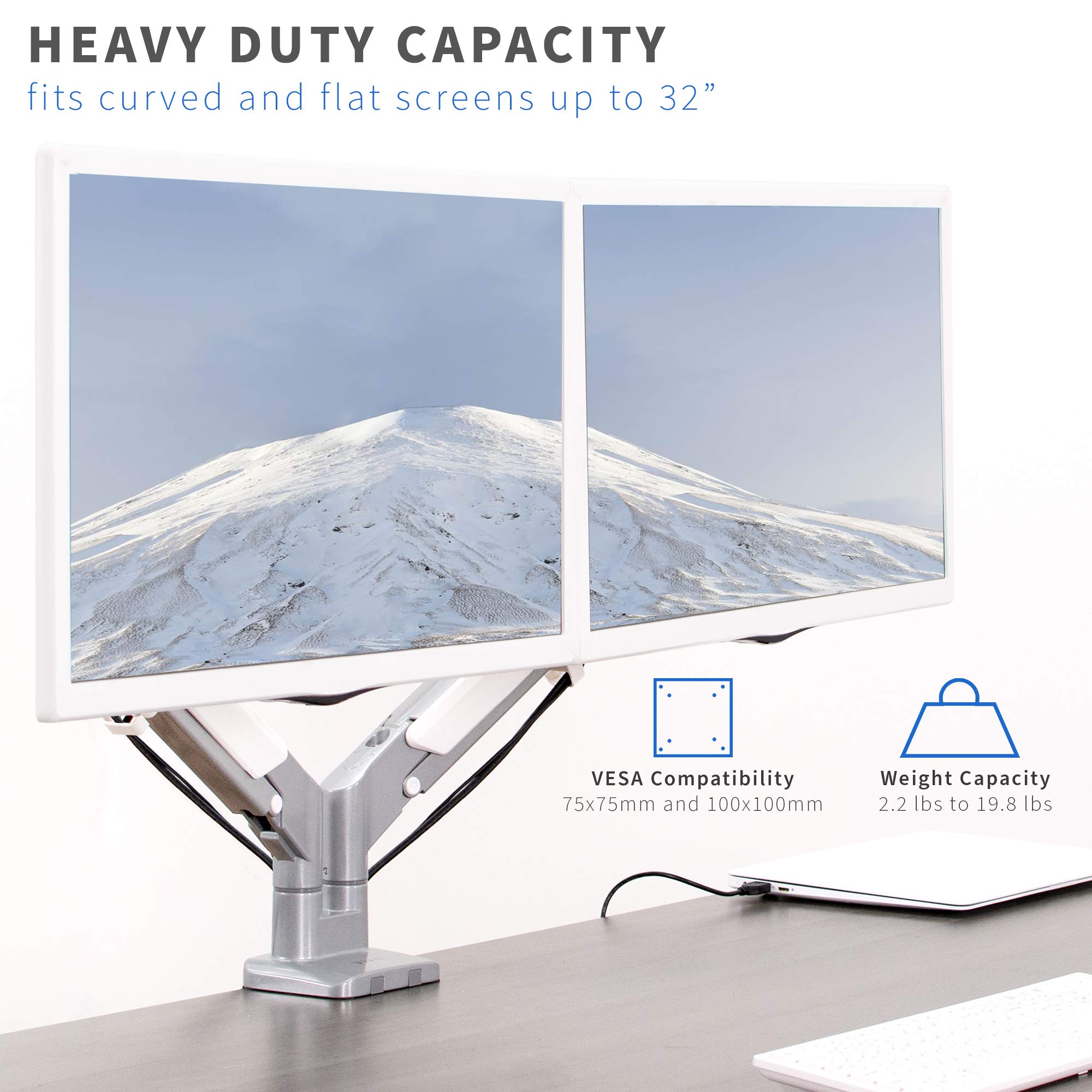 VIVO Dual Monitor Mount Stand for 17 to 32 Inch Screens - Space Saving Pneumatic Spring Arms with Aluminum Clamp-on Desk Mount, Max VESA 100x100 (Silver, STAND-V200A) - Perfect for Home Office, Gaming Setup & Workspace Organization