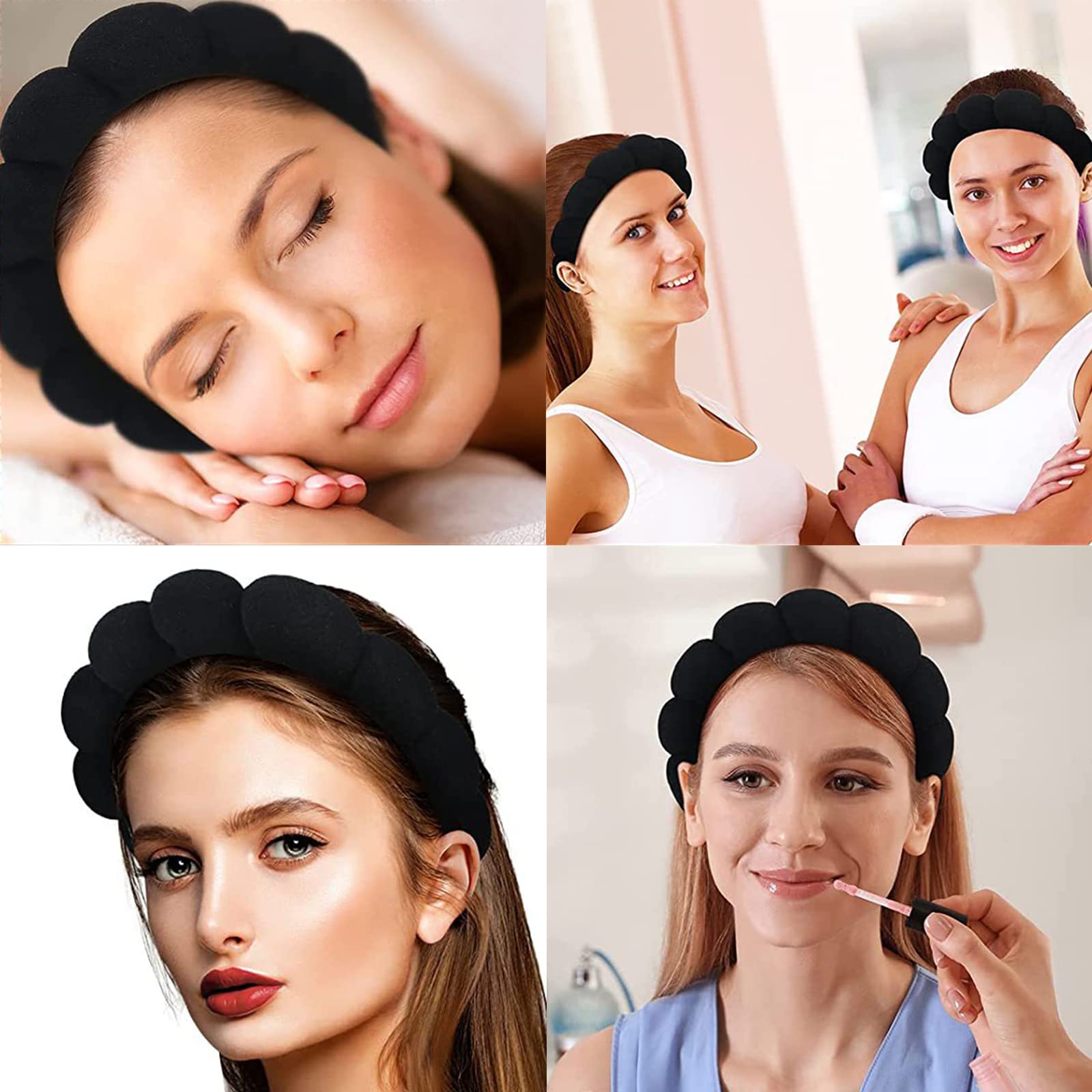 Puffy Spa Headband for Women - Soft Makeup & Skincare for Shower & Yoga (Black)