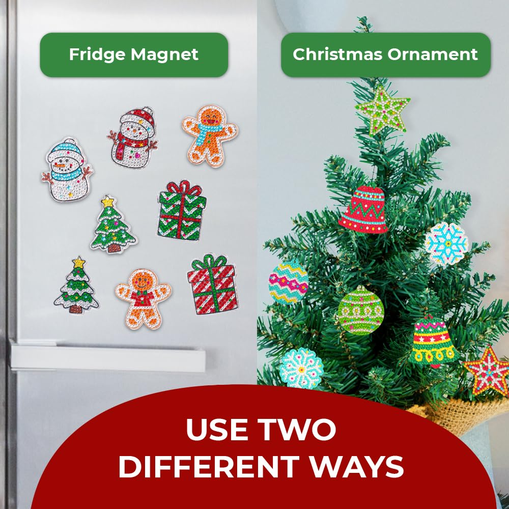 DIY Magnet & Diamond Diamond Painting Christmas Ornaments Kit for Kids - Make 8 Unique Holiday Decorations - Fun Arts & Crafts Activity for Children - Perfect for Holiday Gifts, Classroom Projects & Family Bonding Time