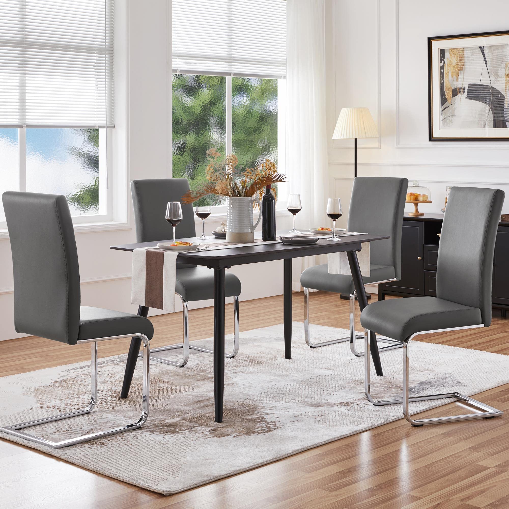 Yaheetech 4-Piece Modern High Back Dining Chairs Set - Leather Upholstered Seats with Metal Legs for Kitchen, Living Room & Dining Room - Dark Gray - Perfect for Family Gatherings & Dinner Parties