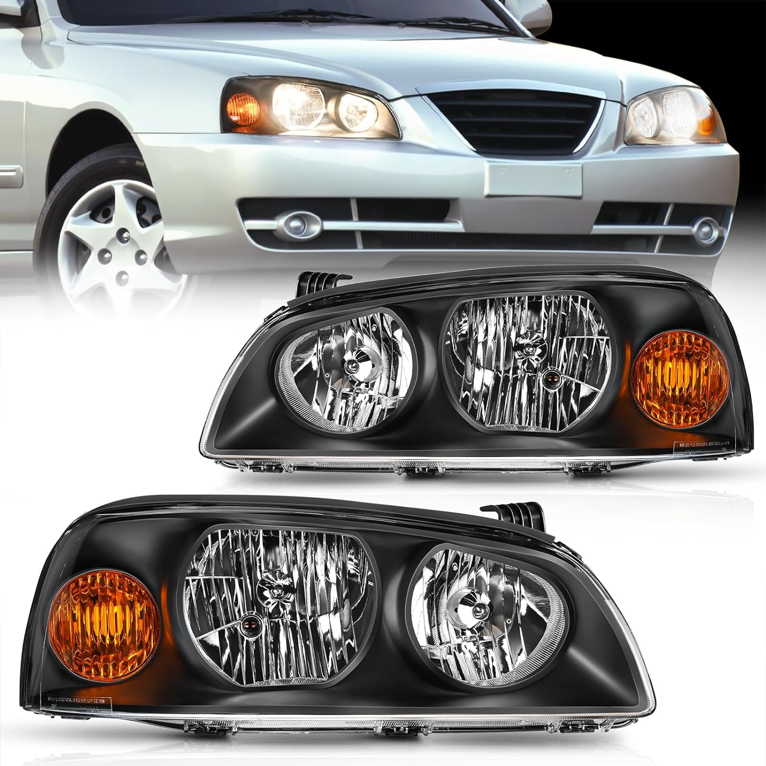 2004-2006 Hyundai Elantra Headlight Assembly - Black Housing with Amber Reflector - Replacement for Driver & Passenger Side - Perfect for Night Driving & Foggy Conditions