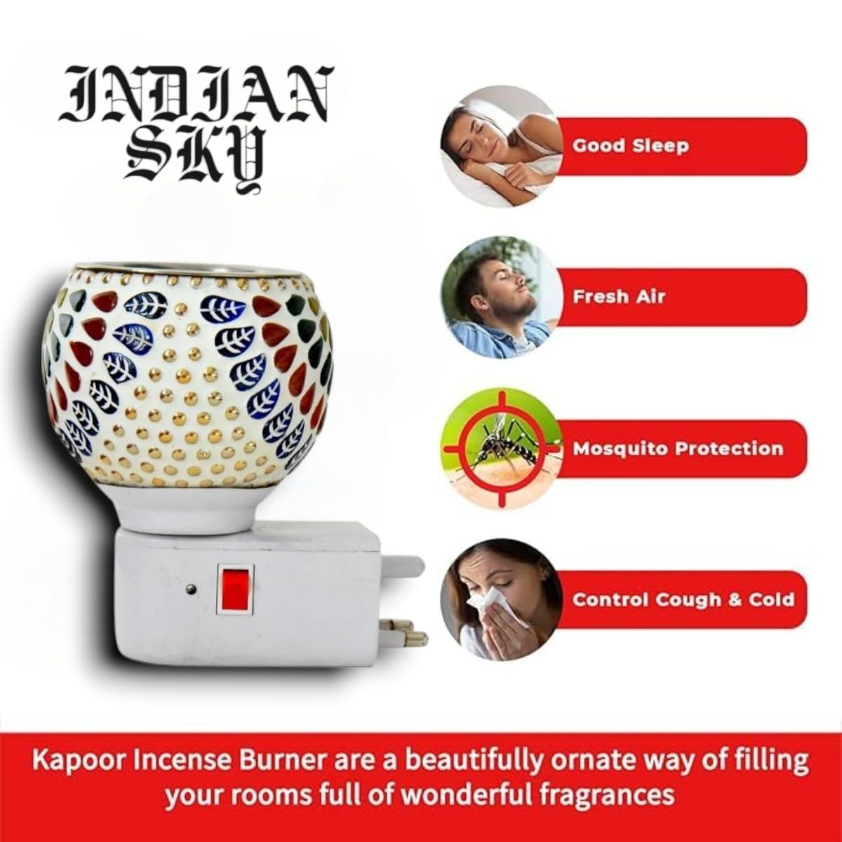 Indian Sky Pure Air Karpure Camphor Electric Diffuser - Ceramic Kapoor Dani with On/Off Switch & Night Light | Smoke-Free Aromatherapy for Home, Office, Yoga & Meditation | IS-M-13 MLTI Design
