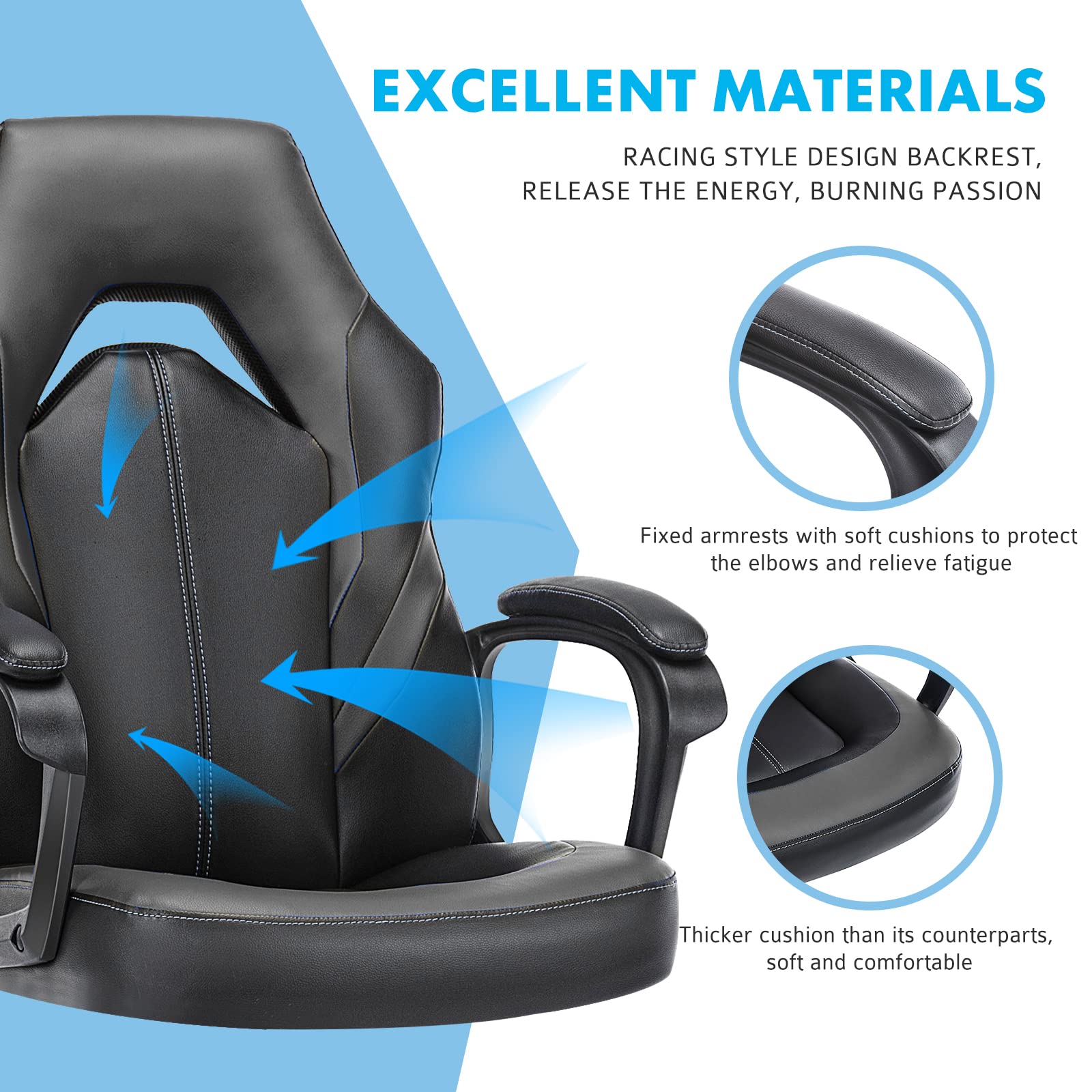 OLIXIS Ergonomic Gaming Chair - PU Leather Office Chair with Lumbar Support & Padded Armrests, Swivel Desk Chair for Adults (Grey) - Perfect for Home Office, Gaming Setup & Workstation Comfort