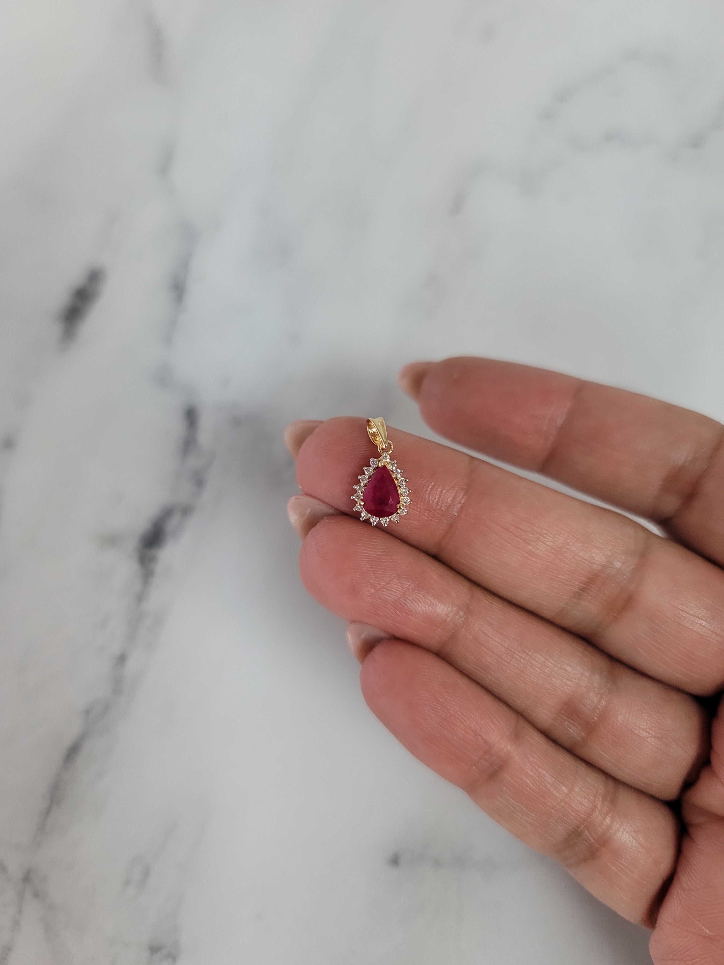 Exquisite Pear Shaped Ruby Diamond Halo Pendant Necklace - 14K Gold Elegant Jewelry for Weddings, Anniversaries & Special Occasions