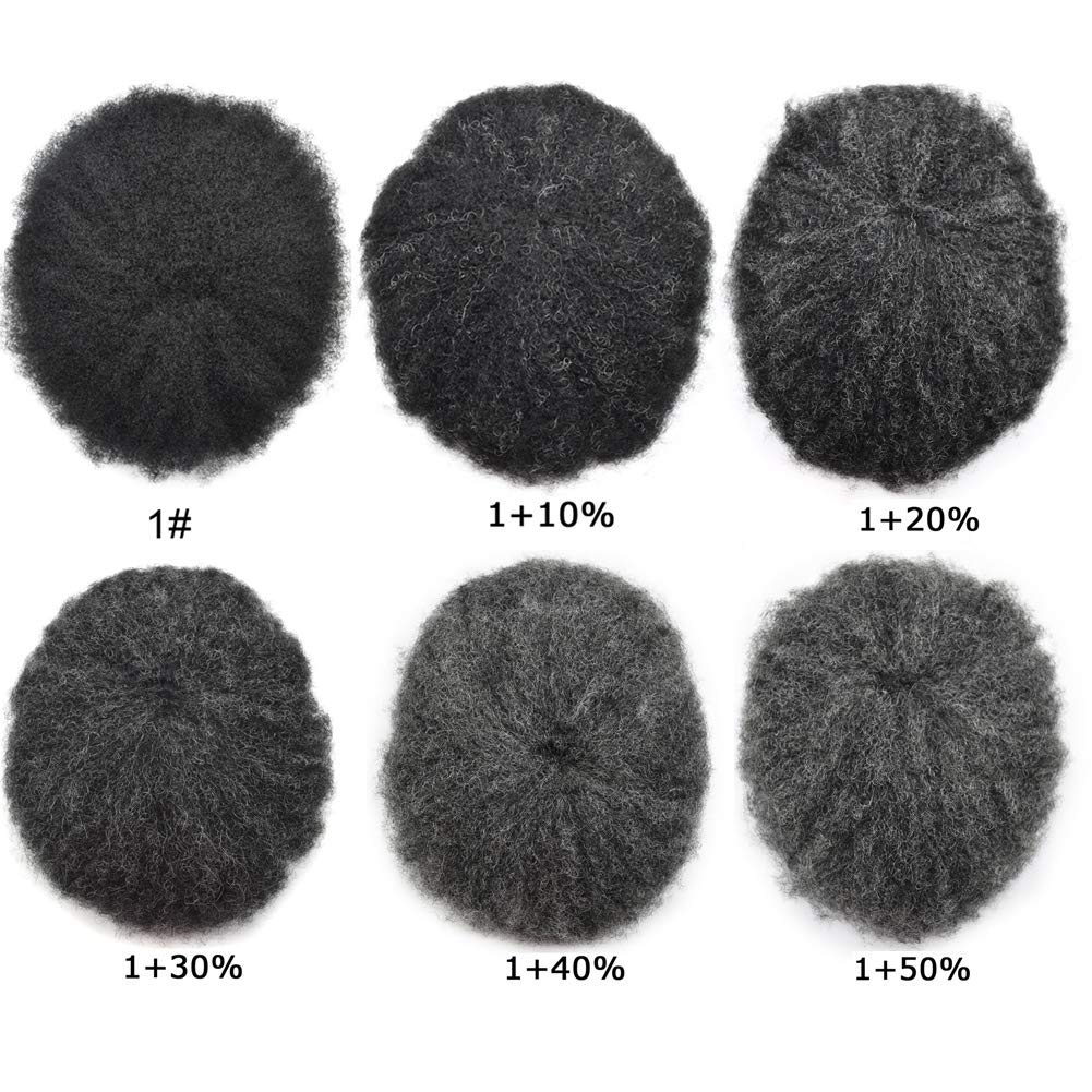 Afro Toupee for Black Men - Kinky Curly Human Hair Replacement System with Full French Lace | 8x10 Inch Afro Wave Wig for African American Men | Brazilian Human Hair Piece with Transparent Lace Base (#150 Jet Black with 50% Grey) - Perfect for Daily Wear, Special Occasions & Hair Loss Solutions