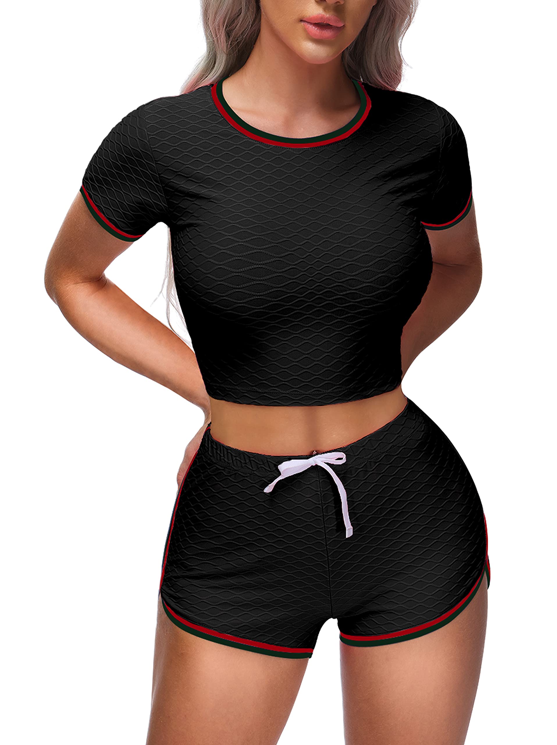 Sexy Women's Two Piece Summer Outfits - Crop Top & Butt Lifting Biker Shorts Yoga Workout Set for Gym, Running & Casual Wear