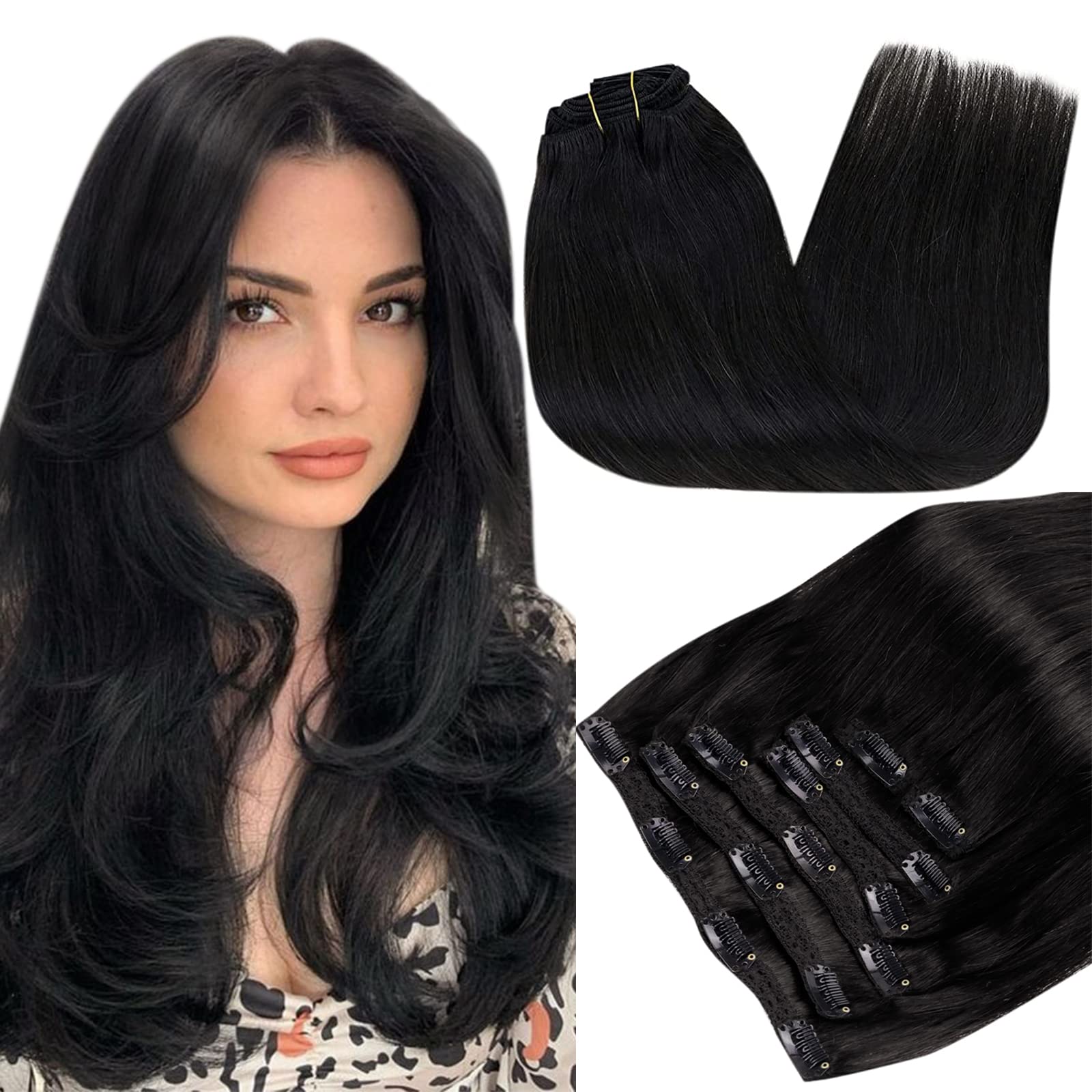 18 Inch Clip-in Human Hair Extensions - Off Black & Black Double Weft (120g) for Volume & Length | Perfect for Parties, Weddings & Daily Styling