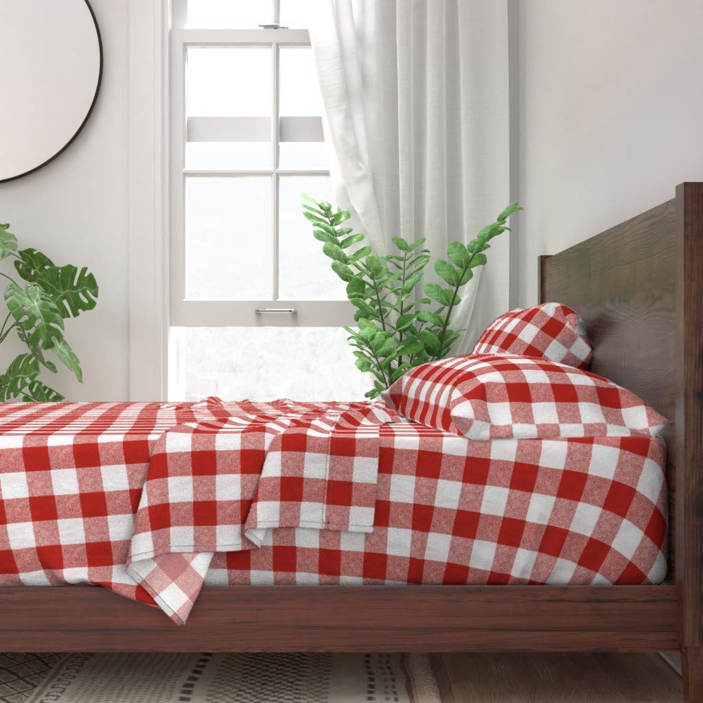 Spoonflower 100% Cotton Twin Sheet Set - 3 Piece Red White Buffalo Check Plaid Gingham Bedding for Summer Picnic & Outdoor Decor