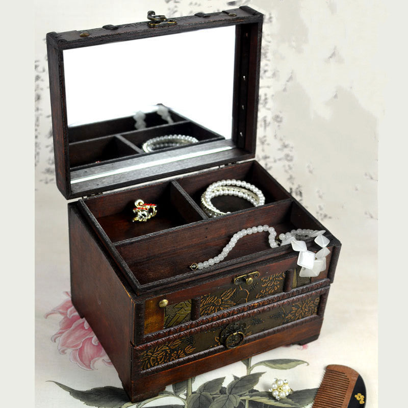 Elegant Wooden Jewelry Box with Mirror - Organize Necklaces, Rings & Earrings - Perfect for Bedroom Vanity & Travel