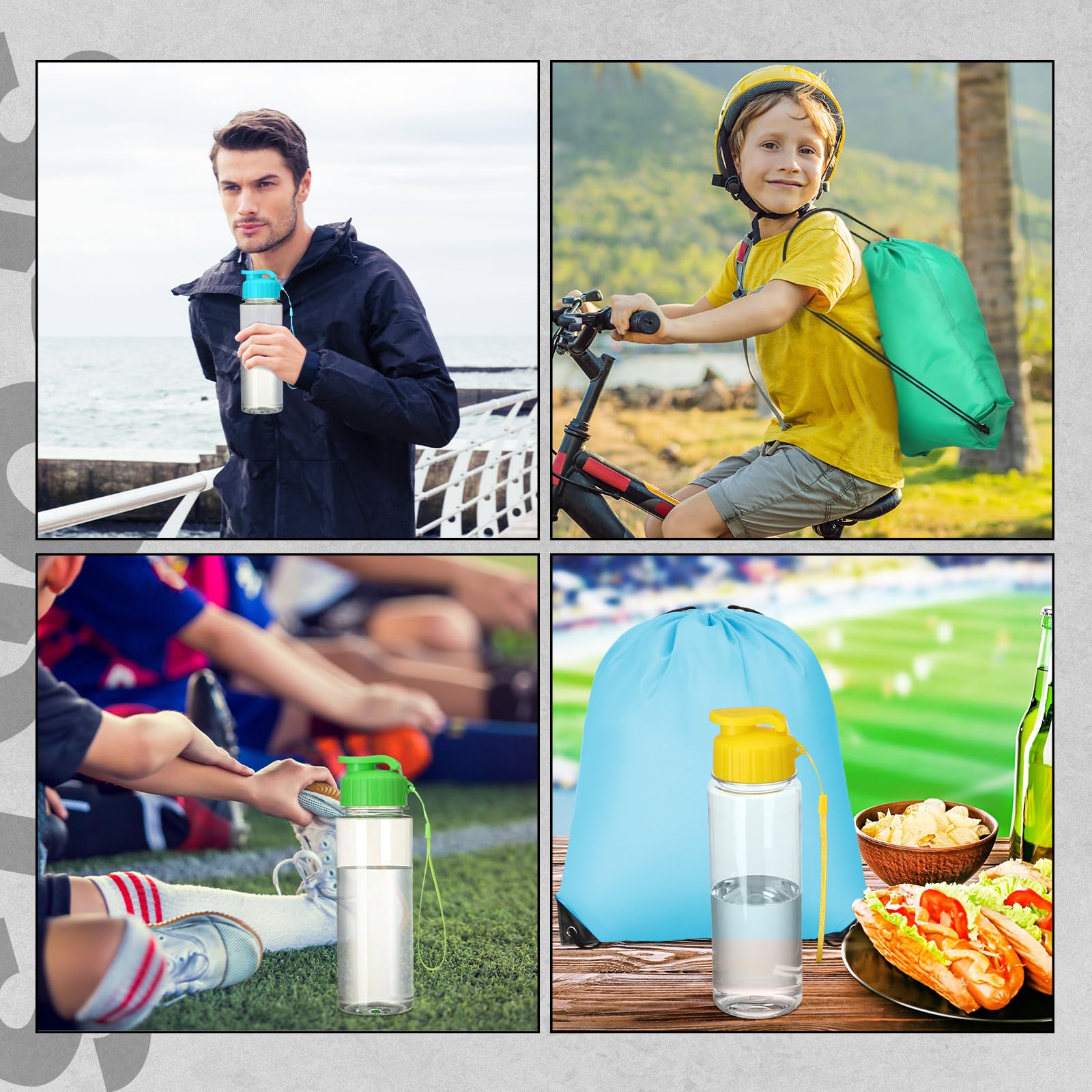 40 Pack 17 oz Reusable Plastic Water Bottles with Flip Top & Leakproof Design - Includes Drawstring Backpack for Gym, Sports, Travel, Hiking, Camping & Outdoor Activities - BPA Free Water Bottles for Adults & Kids (Stylish)