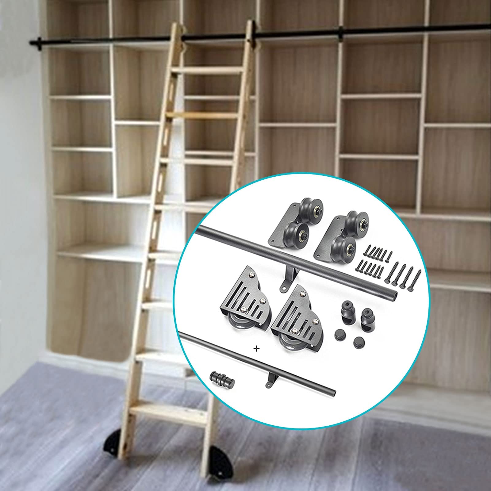 Sliding Barn Door Hardware Kit for Rolling Library Ladder - 3.3ft to 13ft Adjustable Track System with Floor Roller | Perfect for Home Libraries, Loft Spaces & Vintage Decor