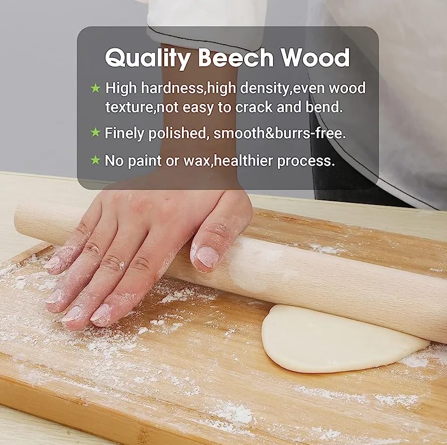 Premium French Wooden Rolling Pin for Baking - 13 Inch Nonstick Dough Roller for Pizza, Pie & Cookies - Natural Wood Kitchen Baking Tool for Home Chefs & Bakers
