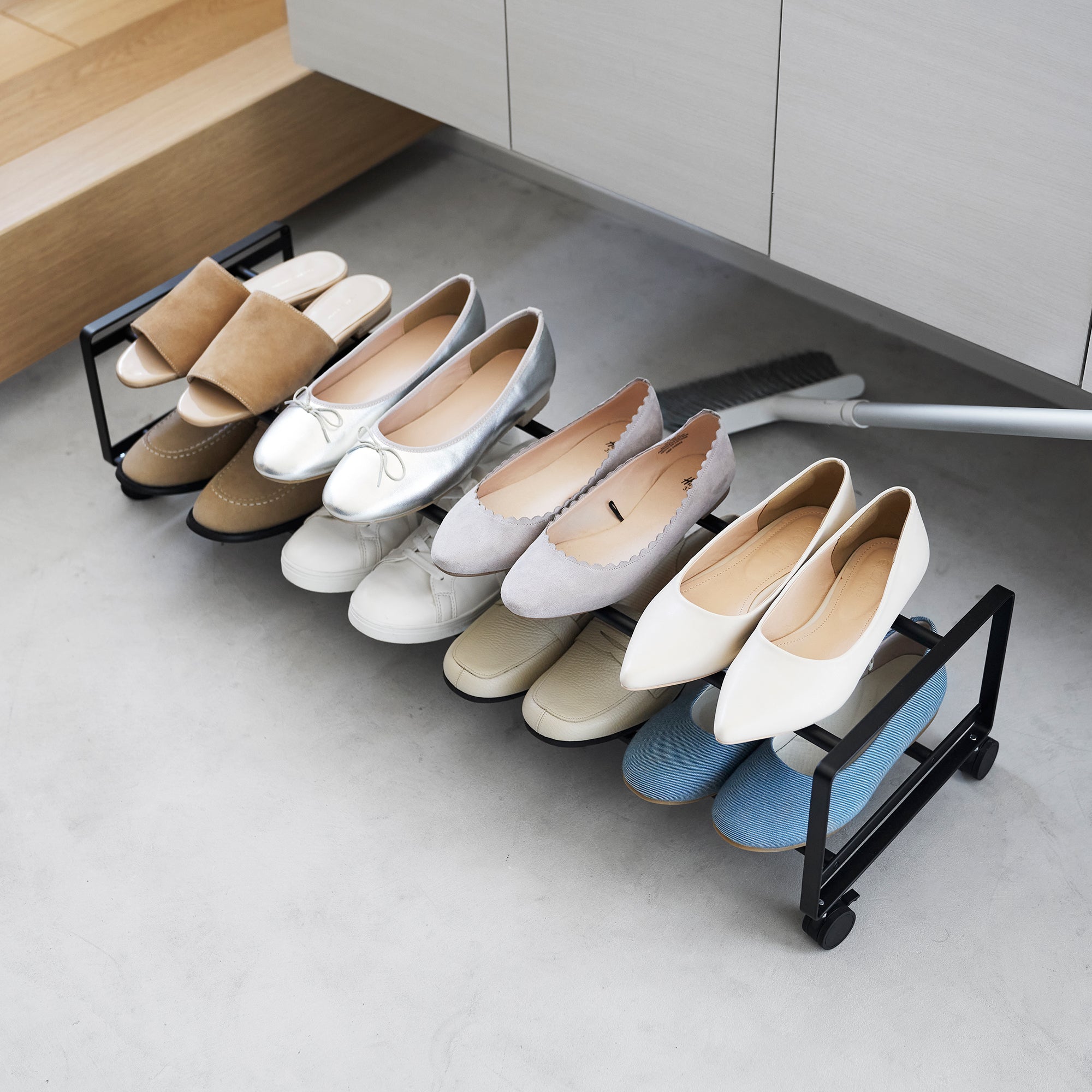2-Tier Rolling Shoe Rack with Wheels - Sturdy Steel Space-Saving Organizer for Entryway, Closet, or Bedroom Storage