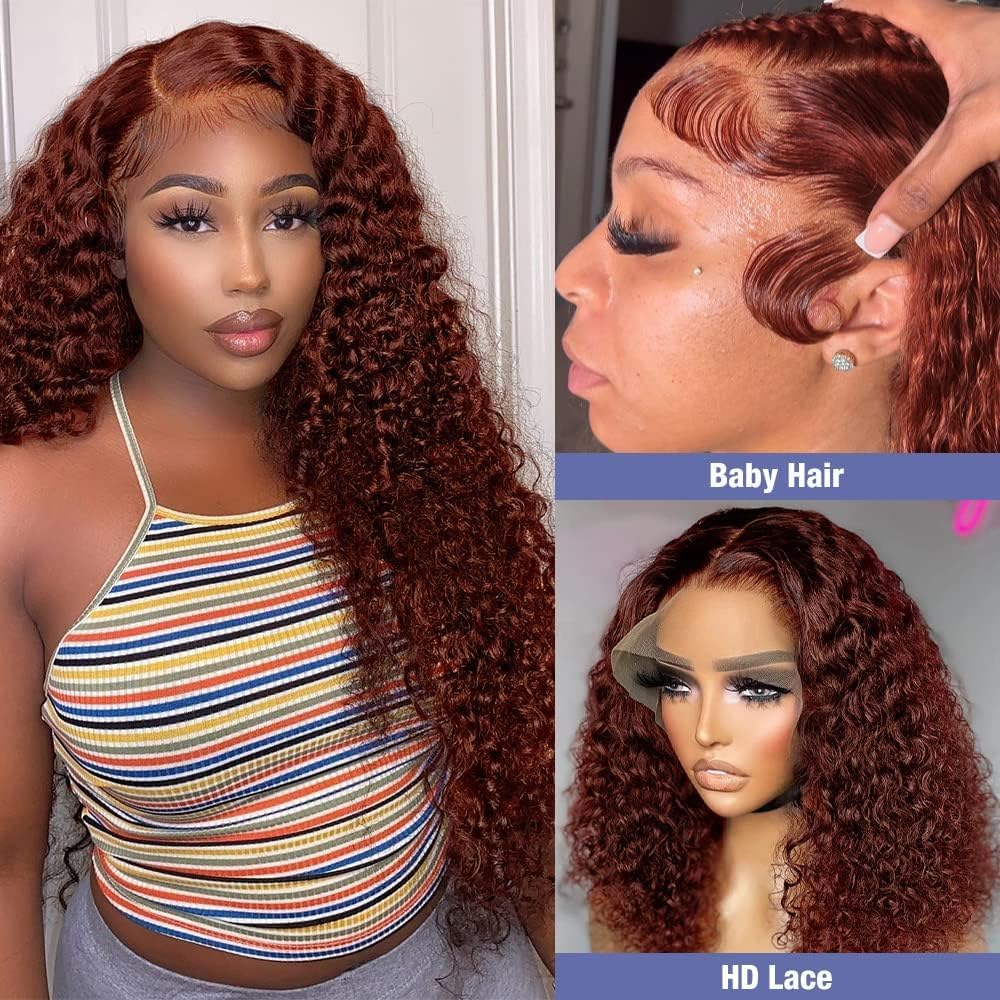 13x4 Reddish Brown Lace Front Human Hair Wig - Auburn Deep Wave Curly Wig for Women with Baby Hair | 180% Density 22 Inch Copper Red Colored Human Hair | Perfect for Daily Wear, Cosplay, and Special Occasions