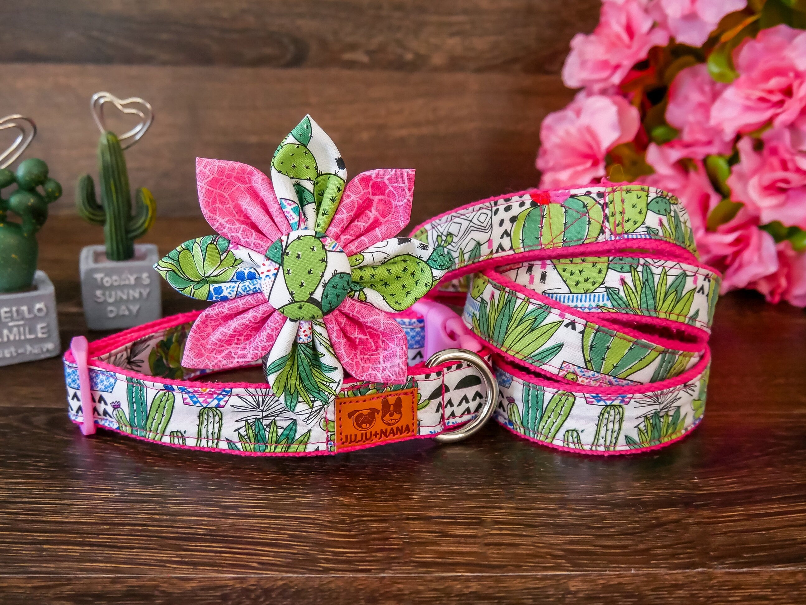 Dog Flower Collar Leash Set - Succulent Cactus & Floral Pet Accessories for Small & Medium Dogs | Perfect for Walks, Photos & Special Occasions