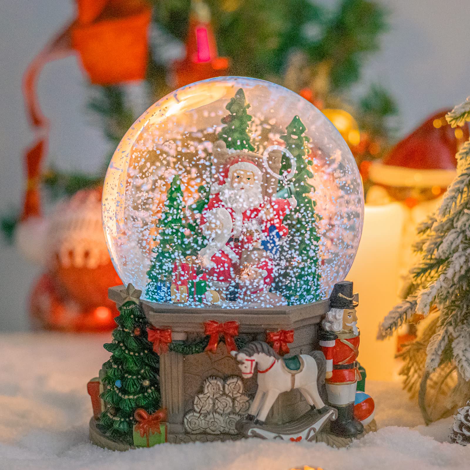 Taman Christmas Snow Globe with Santa, Gifts & White Horse - Musical Nutcracker with Swirling Glitter Snowflakes & LED Lights - Festive Tabletop Holiday Decor for Home, Office & Christmas Tree Display