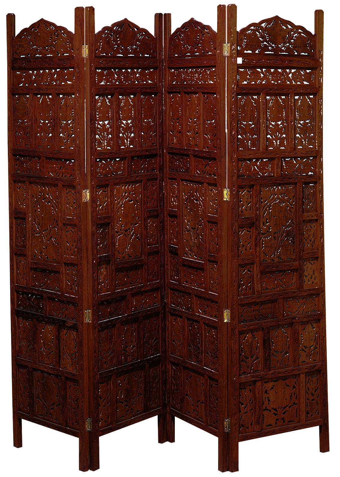 Handmade Wooden Floral Room Divider Screen - 4 Panel Foldable Privacy Partition 80