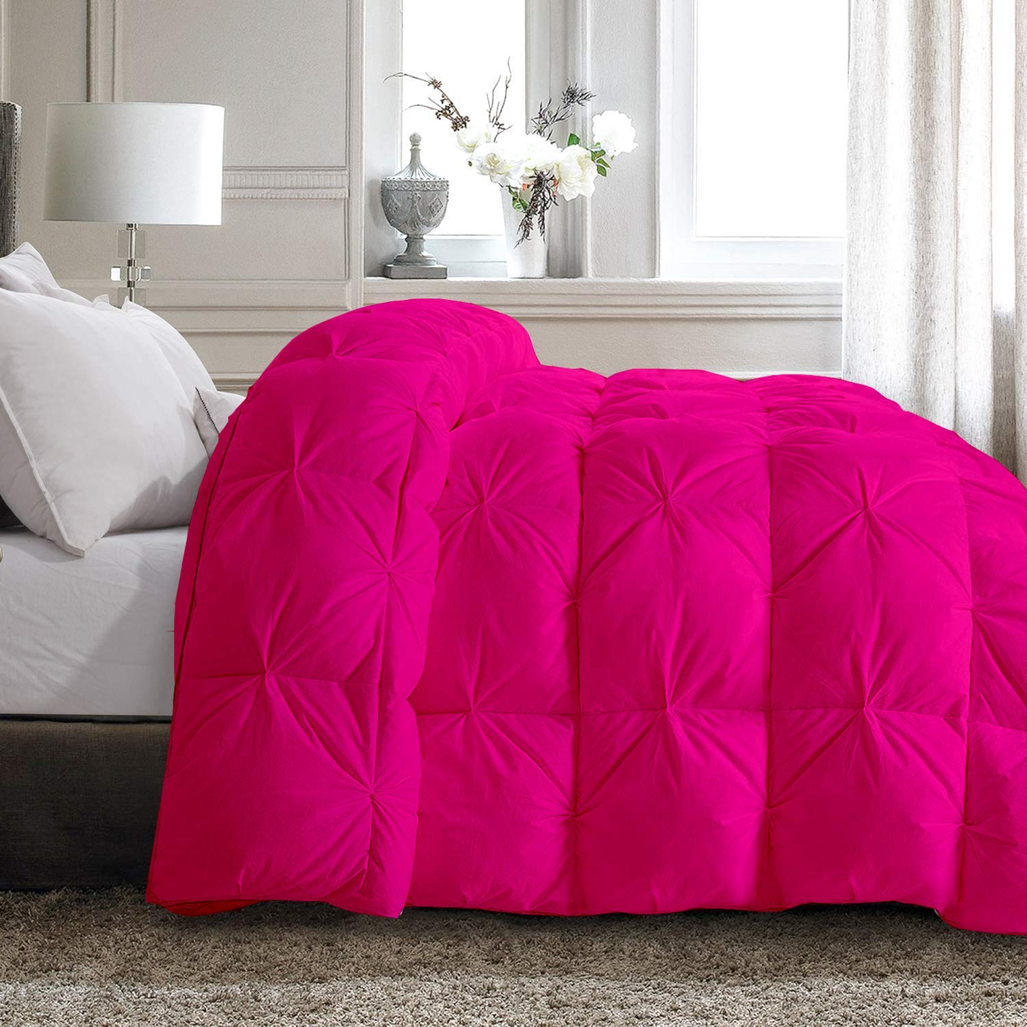 Luxury Hot Pink Pinch Pleat Goose Down Comforter Set - Oversized Queen Size 100% Egyptian Cotton Duvet Insert with 500 GSM Fill & Corner Tabs (800 Thread Count) | Baffle Box Design with 2 Matching Pillowcases (3pc Set) | Perfect for Master Bedroom, Guest Room & Winter Warmth