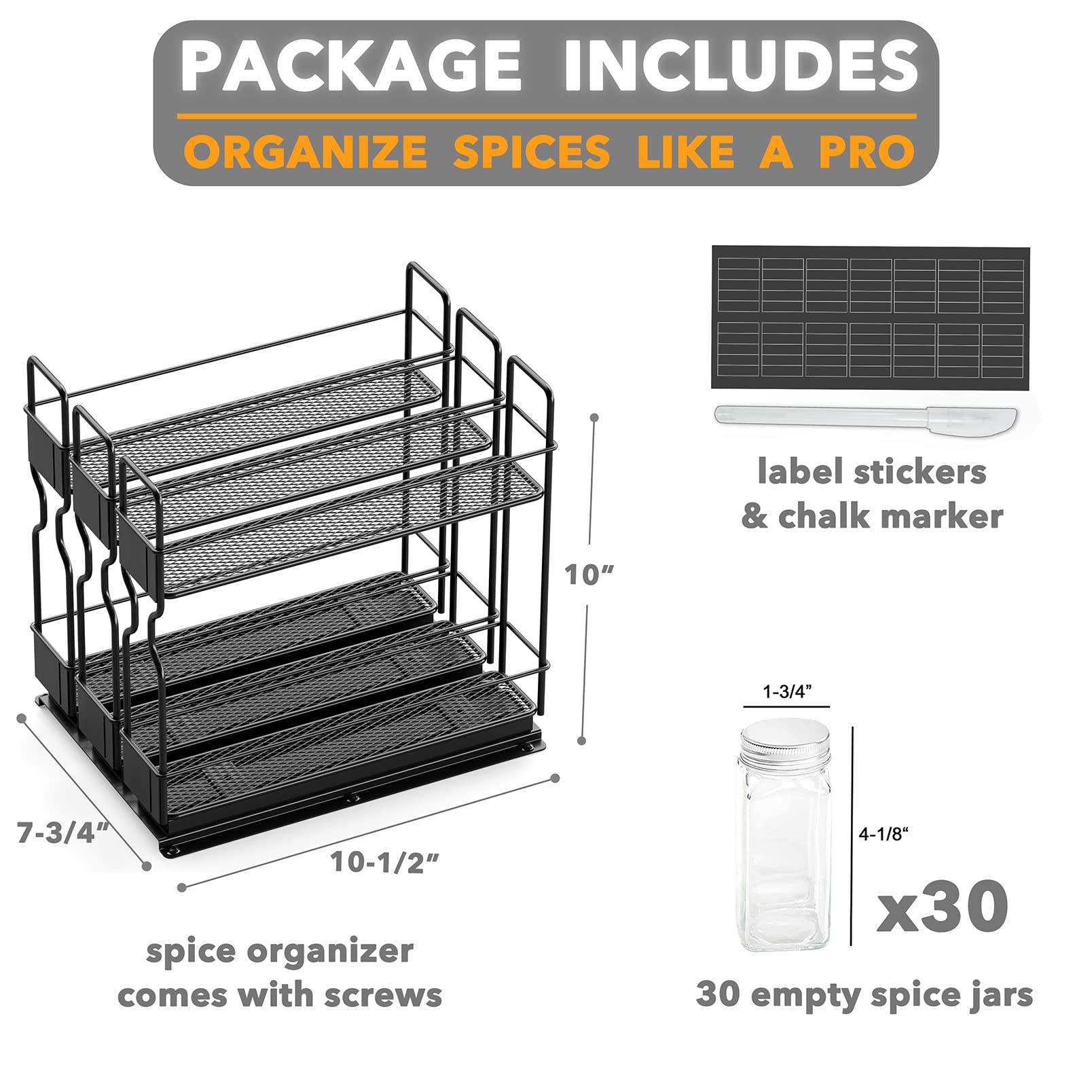 SpaceAid Pull-Out Spice Rack Organizer with 30 Jars - 3-Tier Slide-Out Cabinet Organizer for Kitchen, Pantry & Countertop - Includes Labels (7.7