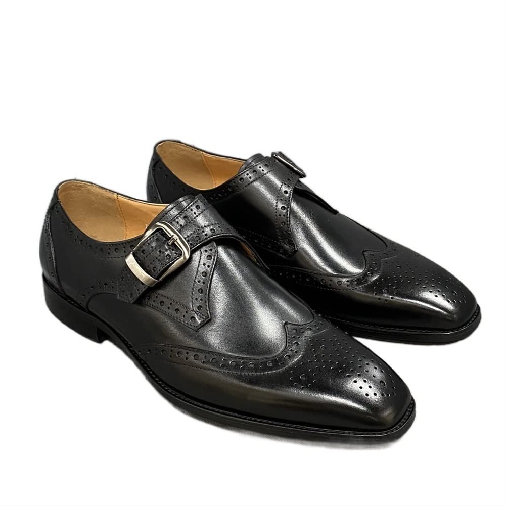 Premium Men's Leather Dress Shoes - Oxford Slip-On Monk Strap Brogue Wingtip with Embossed Design, Square Toe Cowhide & Non-Slip Rubber Sole - Perfect for Business, Weddings & Formal Occasions