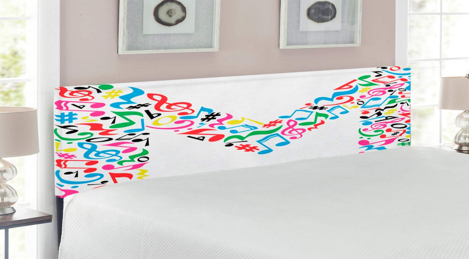 Ambesonne Letter M Upholstered Headboard - King Size Musical Notes Design with Memory Foam | Decorative Metal Bed Frame for Modern Bedrooms & Music Lovers' Home Decor