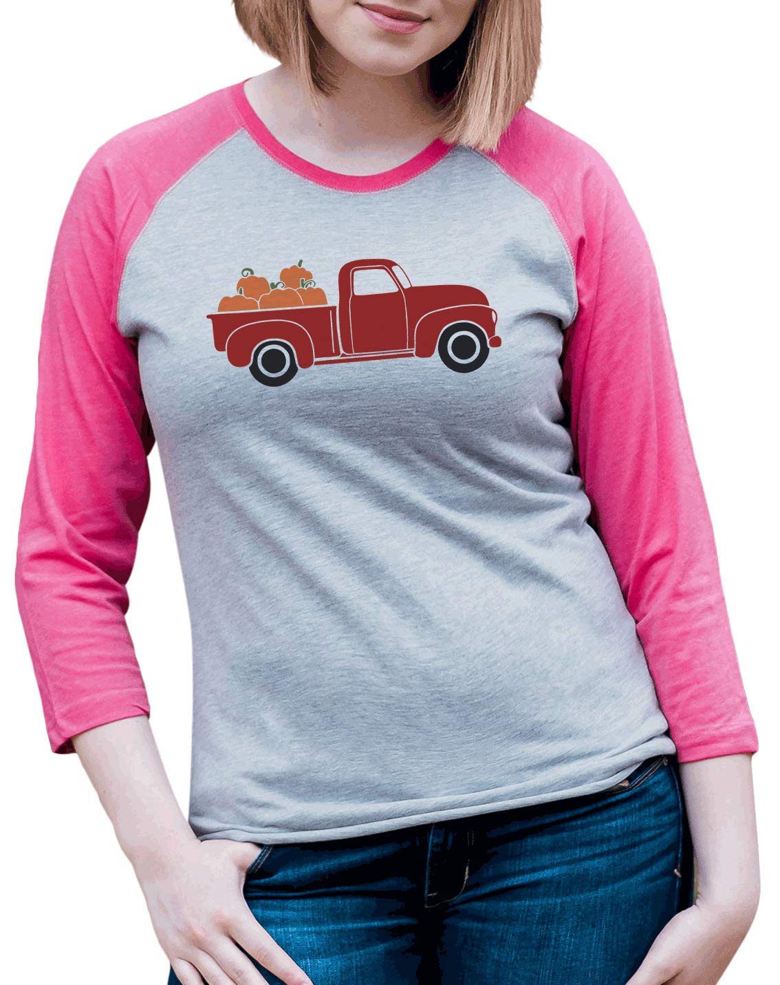 7 ate 9 Apparel Women's Pumpkin Truck Graphic T-Shirt | Fall Fashion Casual Tee for Autumn Outings, Pumpkin Patch Visits & Thanksgiving Gatherings