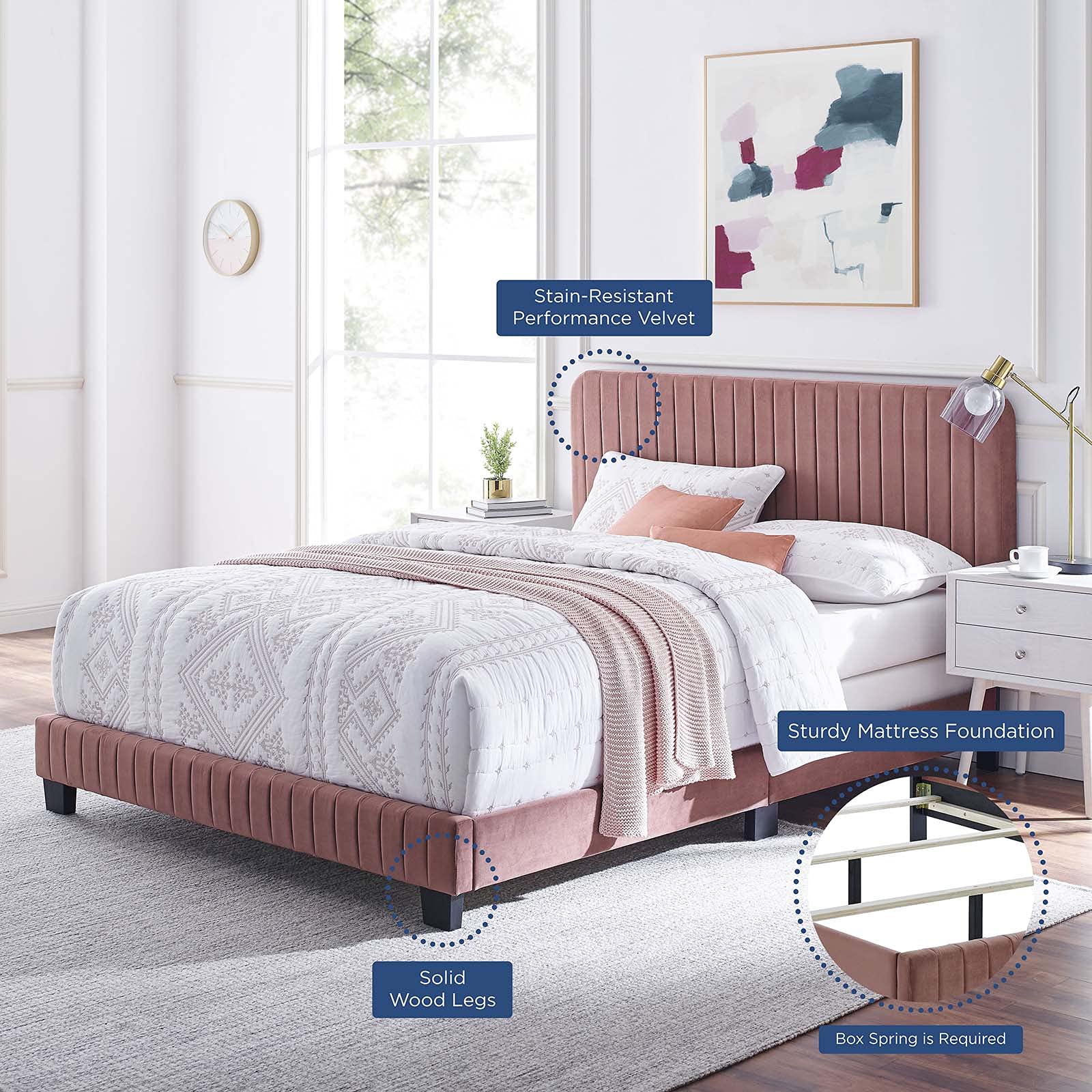 Modway Celine Channel Tufted Performance Velvet King Size Bed in Dusty Rose - Luxurious Upholstered Bed Frame for Master Bedroom & Guest Room Decor