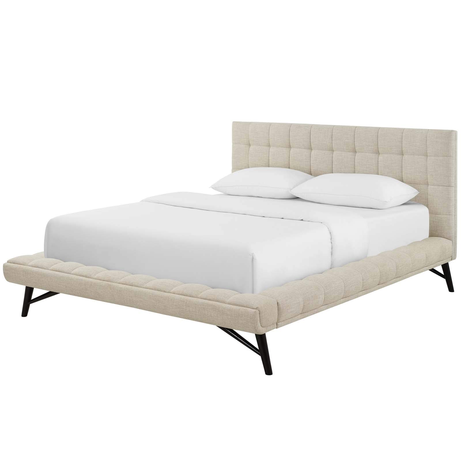 Modern Urban Queen Size Platform Bed Frame with Fabric Upholstery in Beige - Contemporary Design for Stylish Bedroom Decor, Perfect for Small Spaces and Apartments