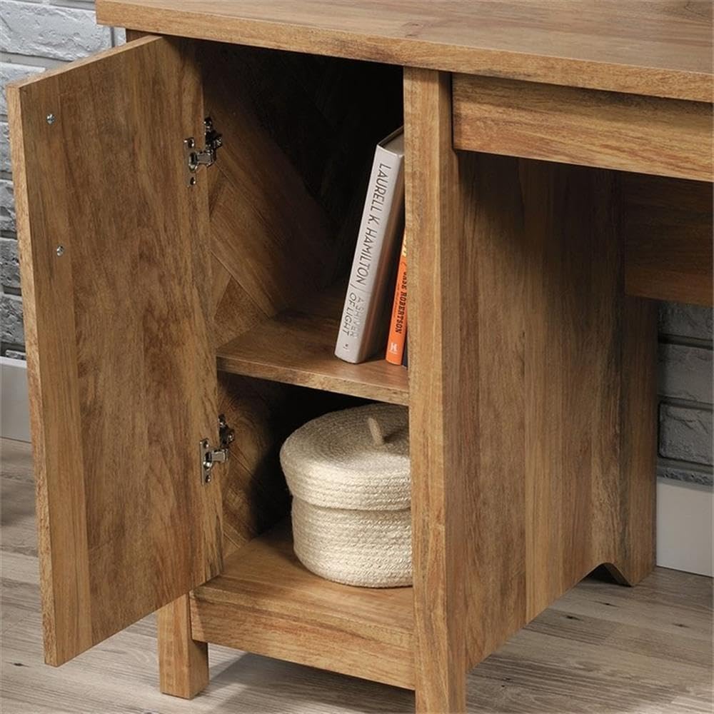 Pemberly Row Coastal Engineered Wood Computer Desk in Sindoori Mango/Brown - Modern Home Office Desk for Small Spaces, Remote Work & Study - Durable Writing Table with Storage Shelf