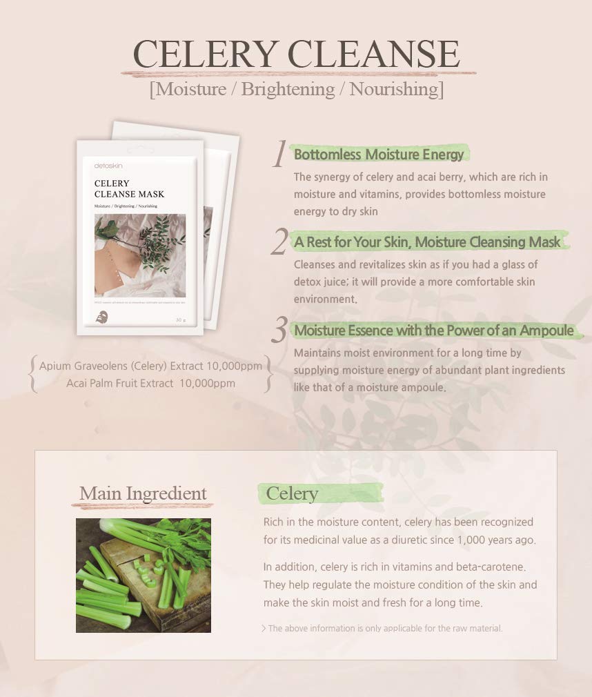 Korean Collagen Essence Celery Facial Mask 1.01 fl.oz (10 Sheets) - Hydrating & Detoxifying Face Mask for Sensitive & Dry Skin - Perfect for Daily Skincare Routine, Spa Night, and Travel Skincare Essentials
