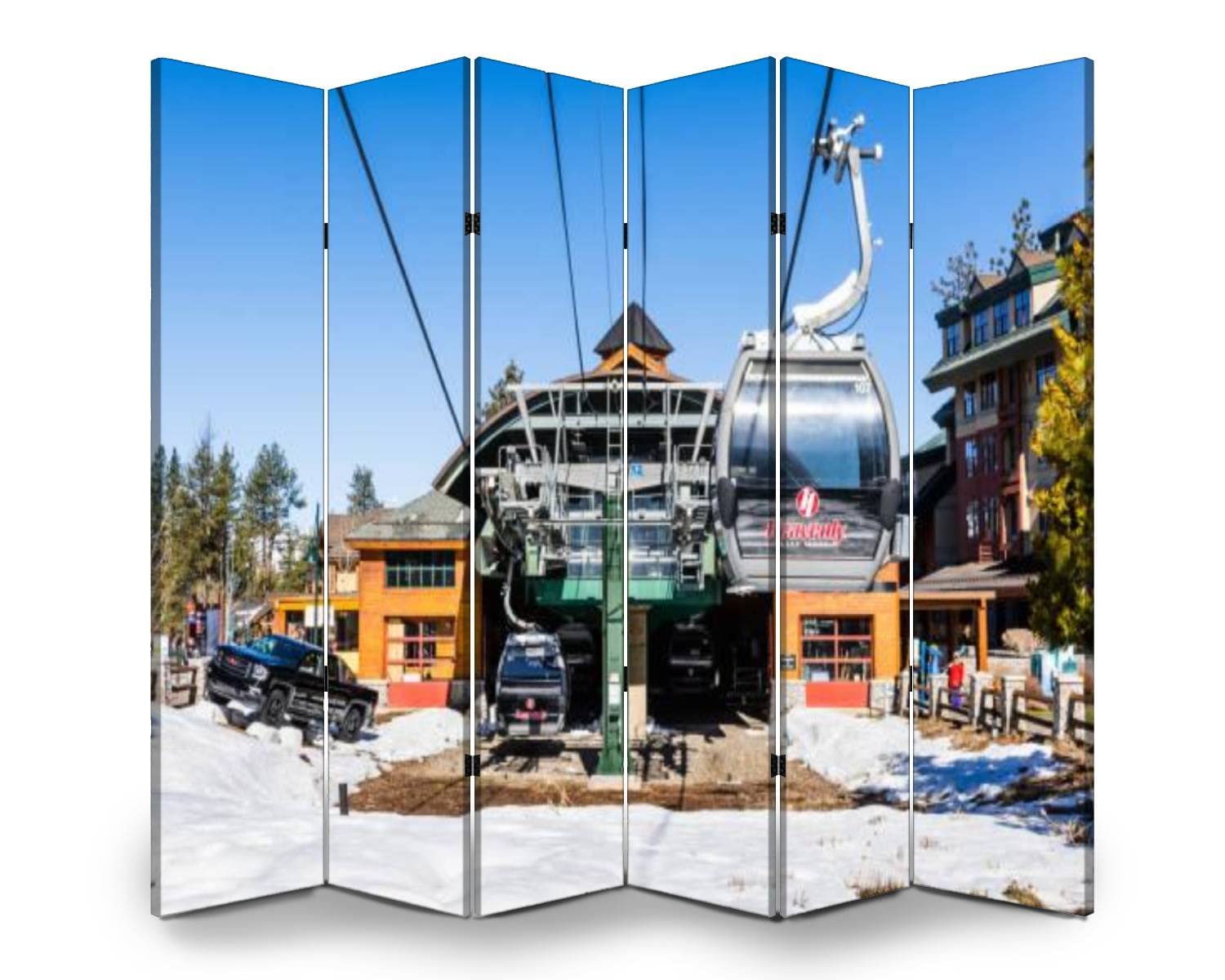6-Panel Folding Room Divider - Heavenly Ski Resort Gondola South Lake Tahoe Inspired Canvas Privacy Screen for Indoor Space Separation | Freestanding Partition for Bedroom, Office, Studio & Event Decoration