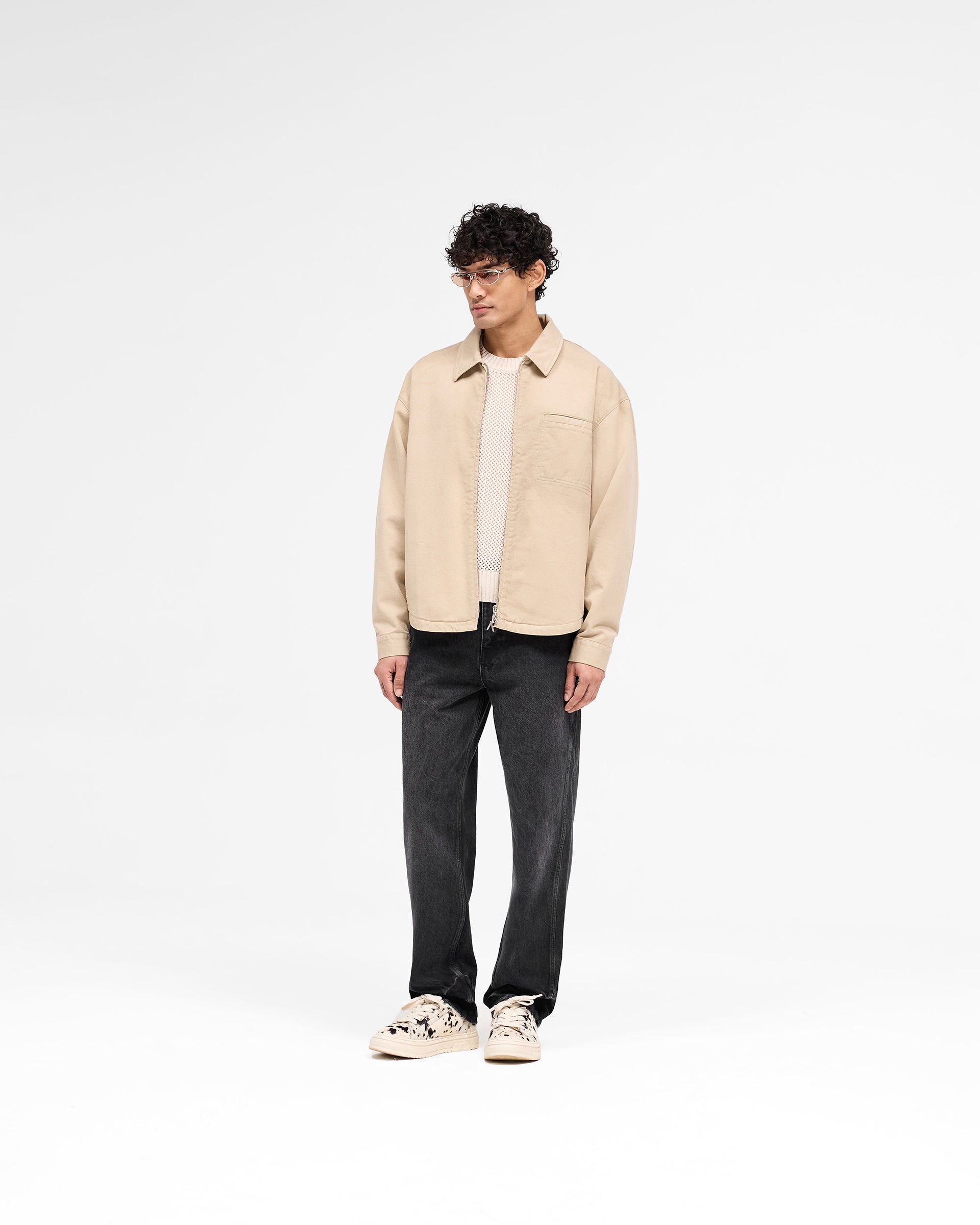 Men's Cotton Zip-Up Shirt - Light Beige Casual Buttonless Jacket for Outdoor Activities & Layering