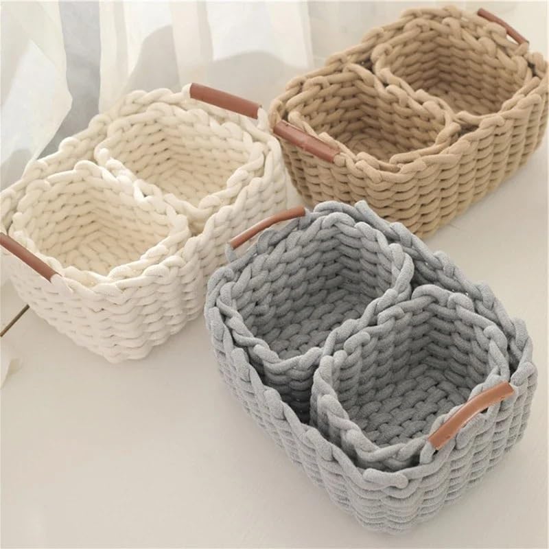 Handmade Cotton Rope Storage Basket with Handle - Multipurpose Organizer for Cosmetics, Toys, Snacks & Makeup (Set of 3, White) - Perfect for Bedroom, Bathroom & Office Desktop Organization