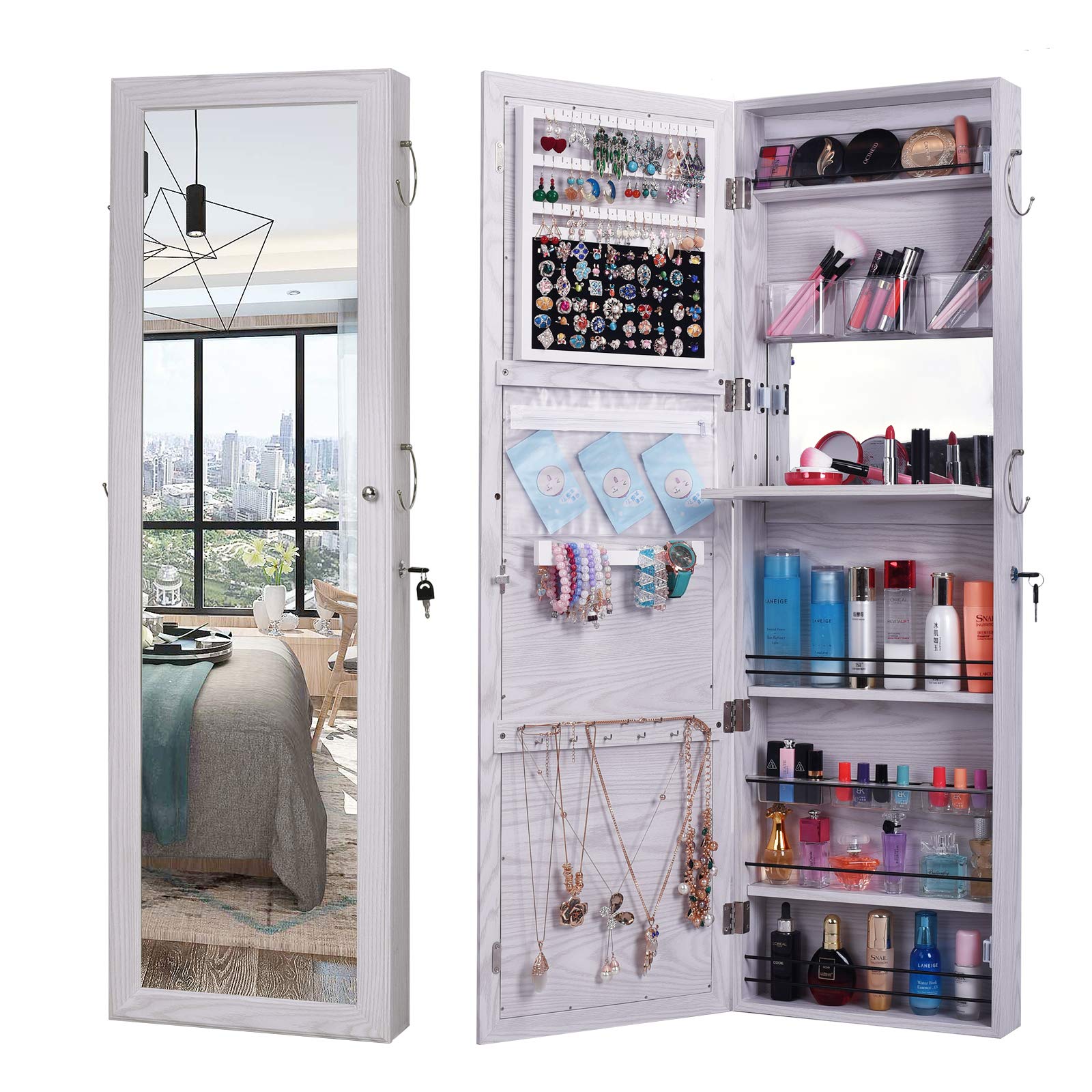 MTFY White Retro Wooden Full-Length Mirror with Jewelry Storage Cabinet - Lockable Jewelry Armoire Organizer, Wall/Door Mounted Dressing Mirror for Bedroom, Closet & Entryway Decor