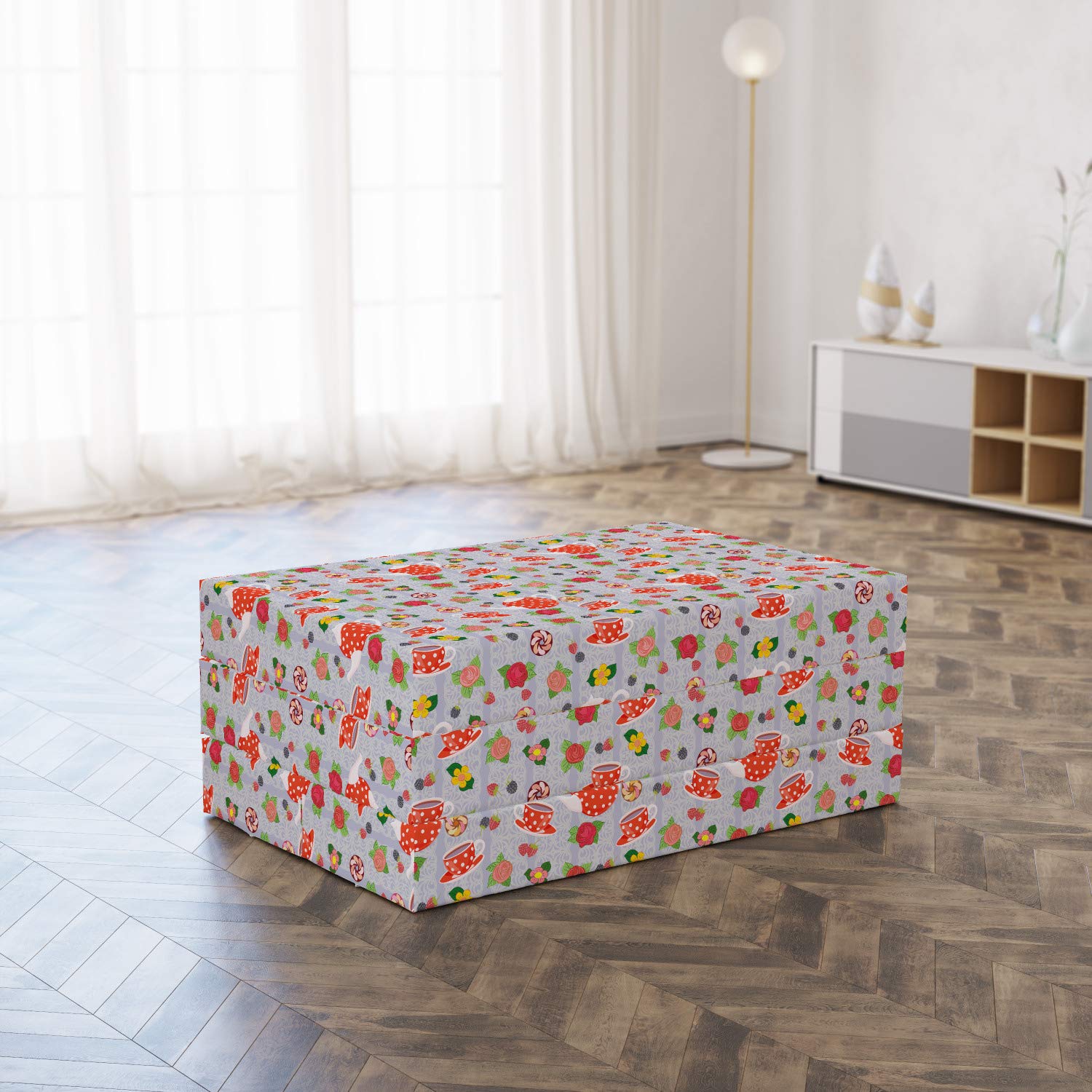 Ambesonne Colorful Foldable Mattress with Cartoon Tea Pots & Roses Design - 74.8