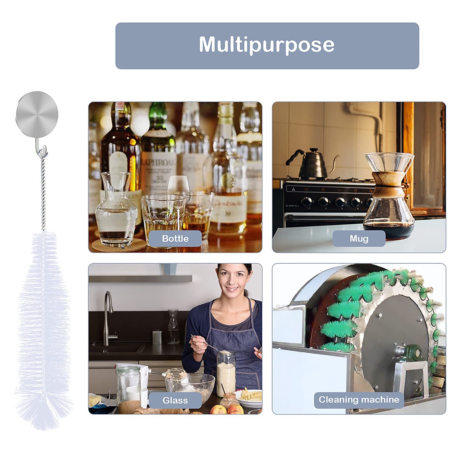 Premium Bottle Brush for Cleaning Wine Bottles, Beer Bottles, Soda Bottles & Narrow Neck Containers - Extra Long Durable Bristles (White, 1PC) - Perfect for Home Bars, Breweries & Kitchen Cleaning