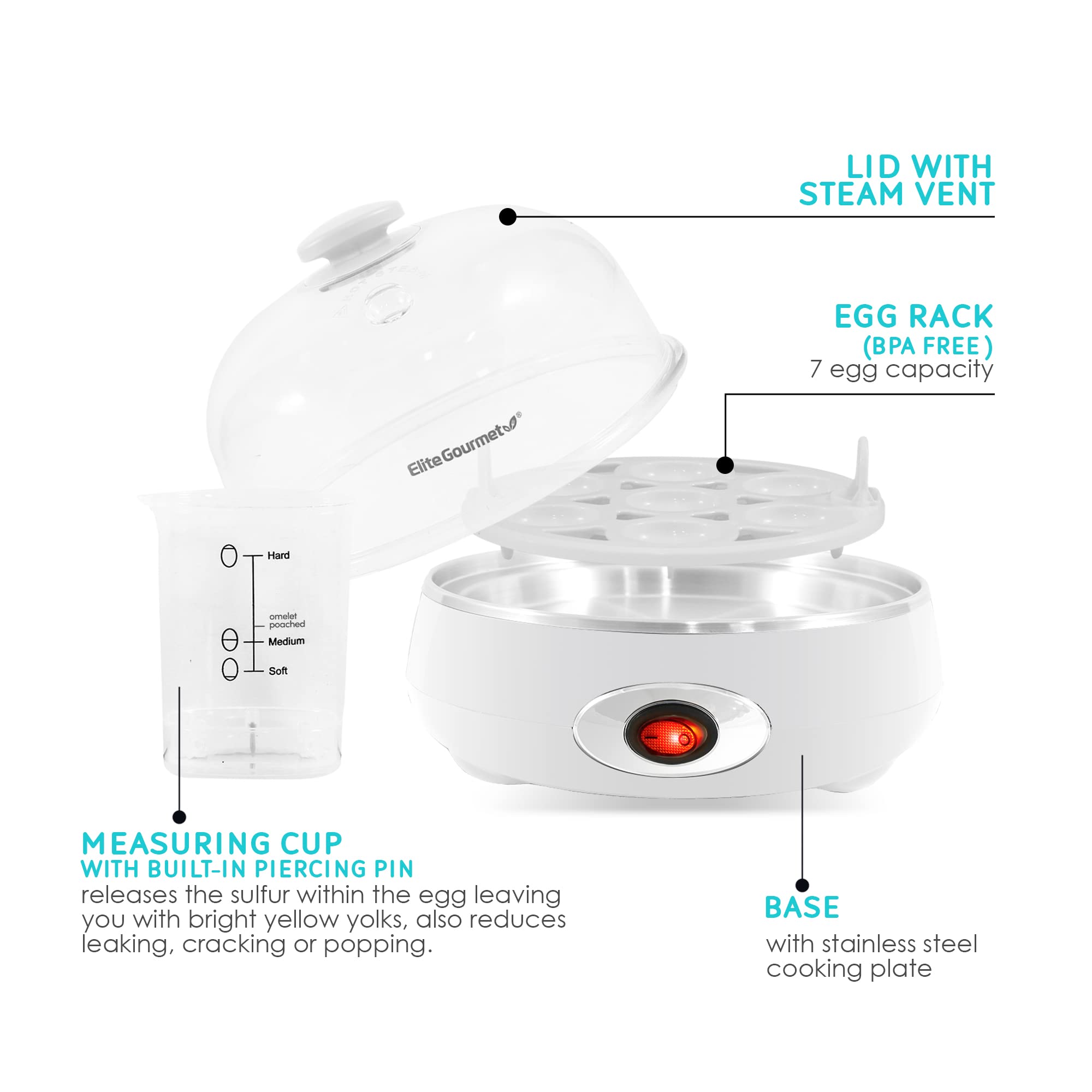 Elite Gourmet EGC322CW Electric Egg Cooker - 7 Egg Capacity for Soft, Medium, Hard Boiled Eggs | Auto Shut-Off & BPA Free | Includes Measuring Cup | Perfect for Breakfast, Meal Prep & Keto Diet (Classic White)