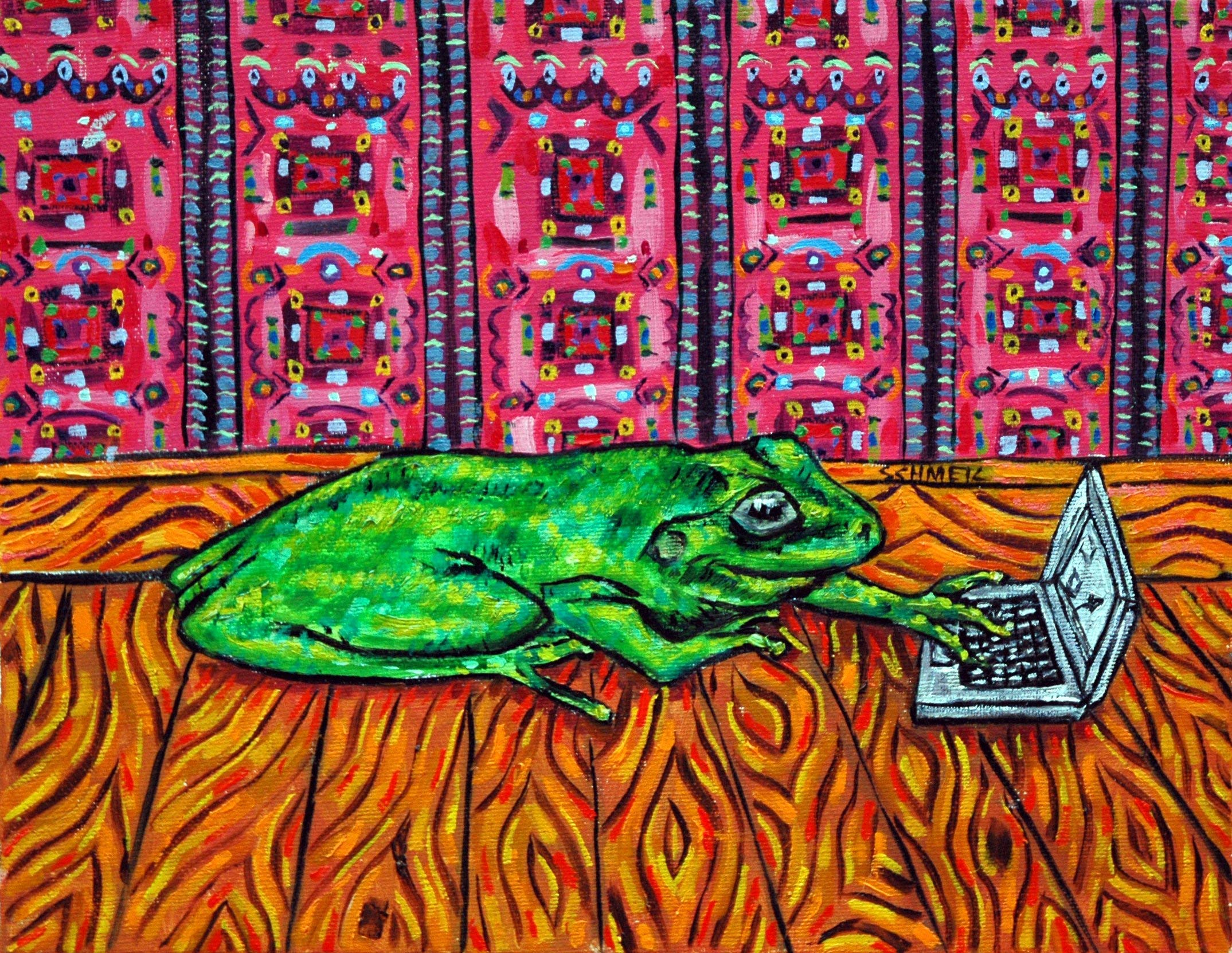 Green Frog Working on Laptop - Signed Animal Art Print for Home Office Decor & Gift Inspiration