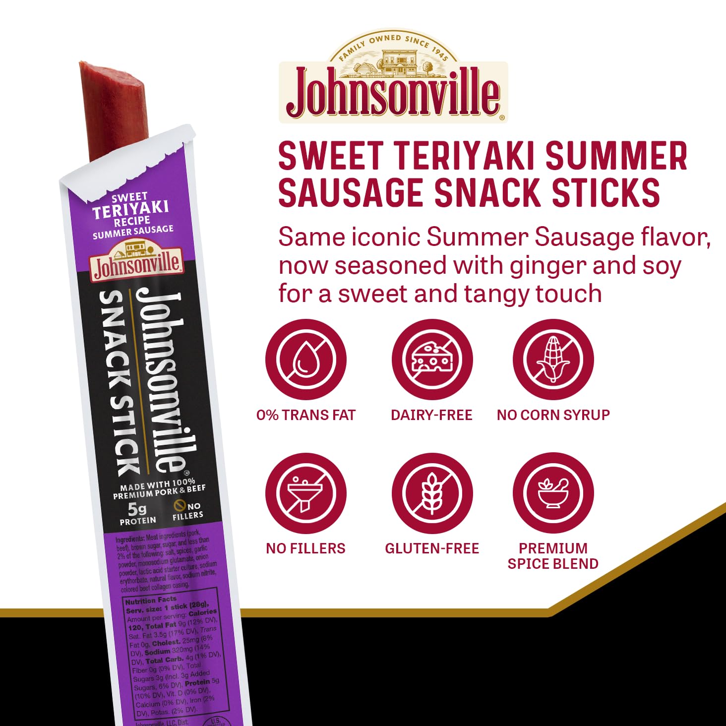 Johnsonville Summer Sausage Snacks - Gluten Free, Dairy Free Protein Sticks, Sweet Teriyaki Flavor (24-Pack) - Perfect for Hiking & Road Trips
