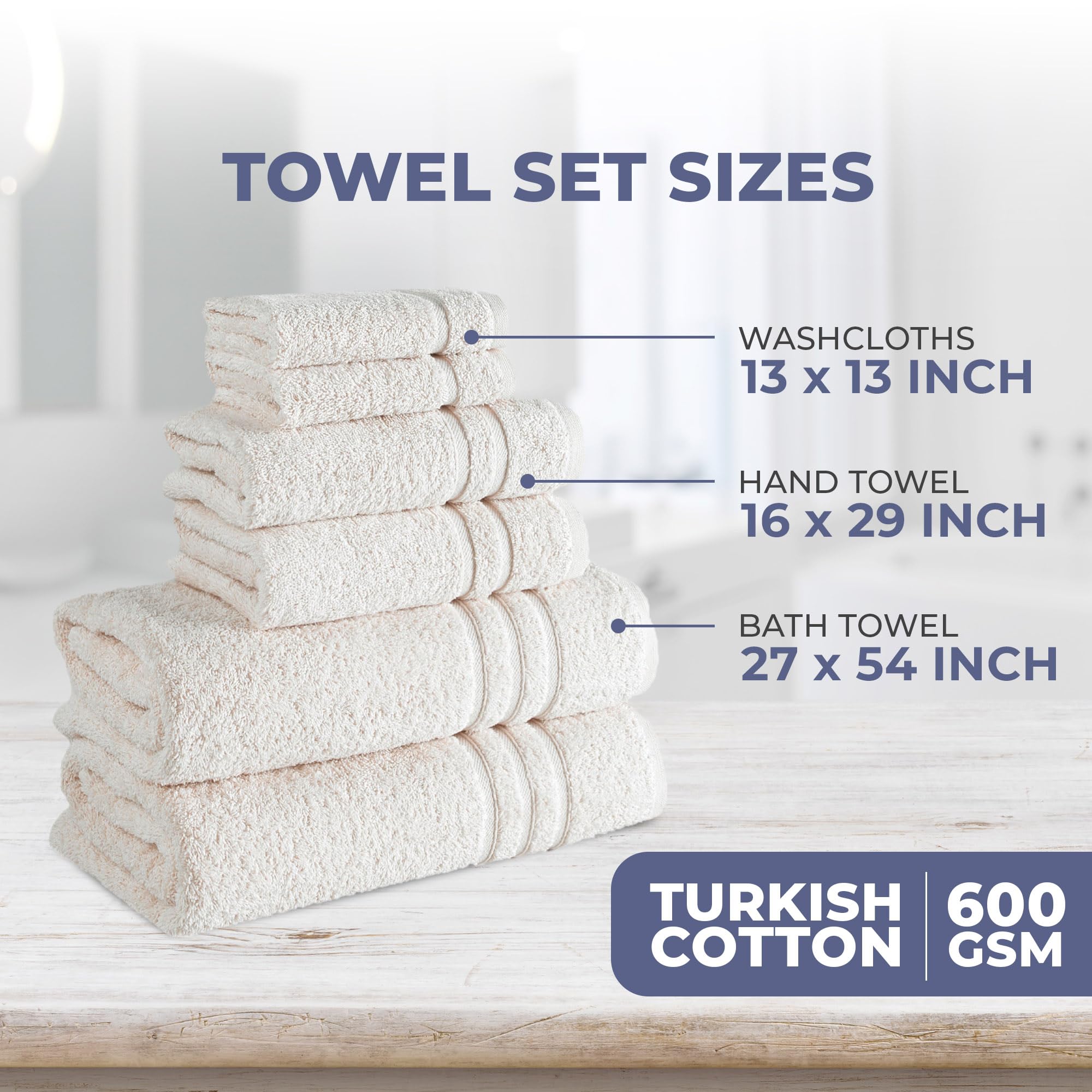 Premium 6-Piece Turkish Cotton Bath Towel Set - 2 Bath Towels, 2 Hand Towels & 2 Washcloths | Ultra Soft, Highly Absorbent Linen Cream Towels for Spa, Bathroom & Luxury Home Use (Sea Salt Color)