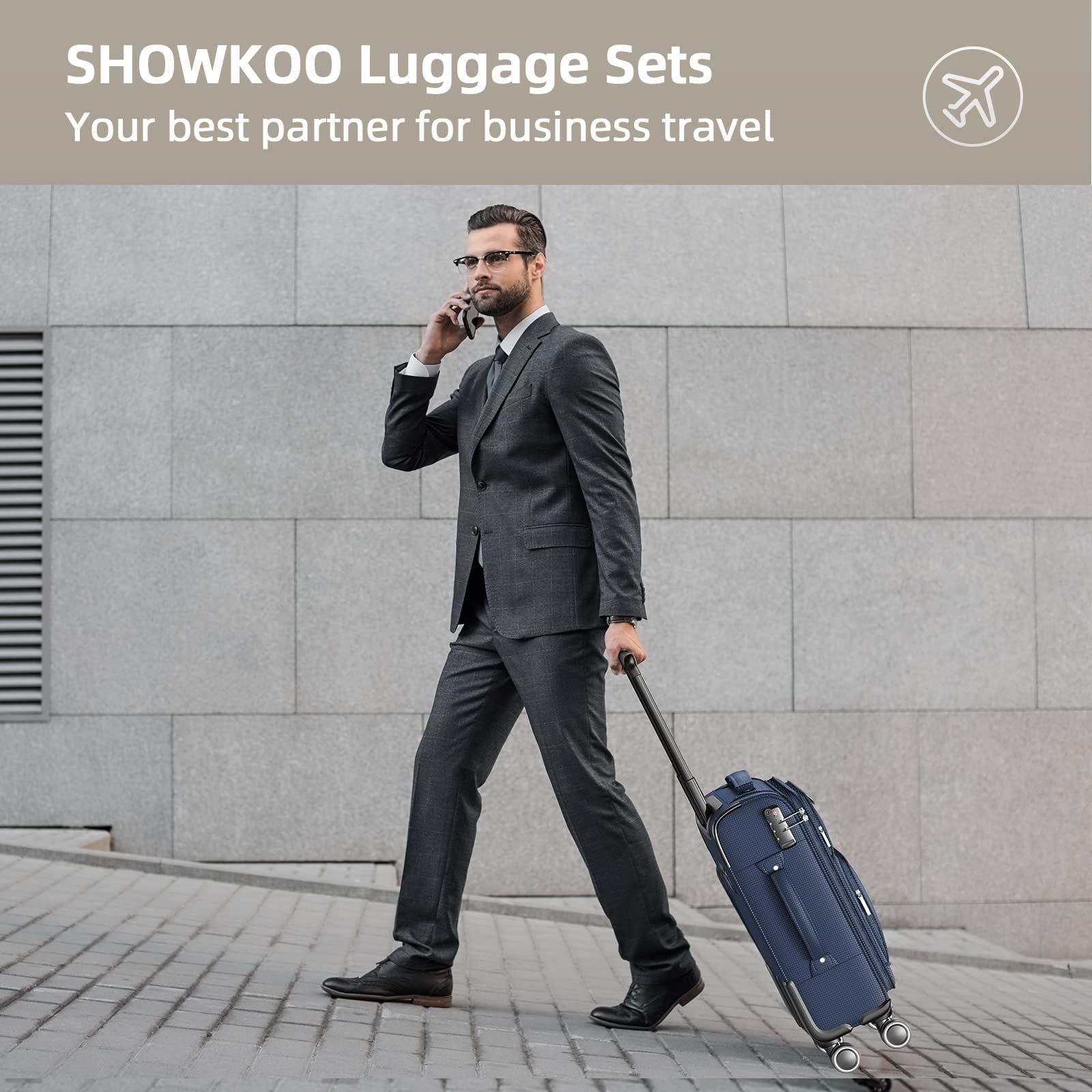 SHOWKOO 3-Piece Softside Expandable Lightweight Luggage Set with Double Spinner Wheels & TSA Lock - Blue (20in/24in/28in) - Durable Suitcase for Travel, Business Trips & Family Vacations
