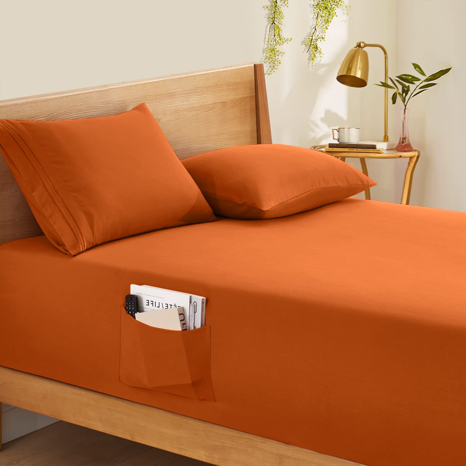 Horbaunal Extra Deep Pocket Queen Fitted Sheet - Fits 24 Inch Mattress | 1800 Thread Count Luxury Microfiber | Burnt Orange Queen Size Bed Sheet for Comfort & Durability - Perfect for Guest Rooms, Dorms & Deep Mattresses