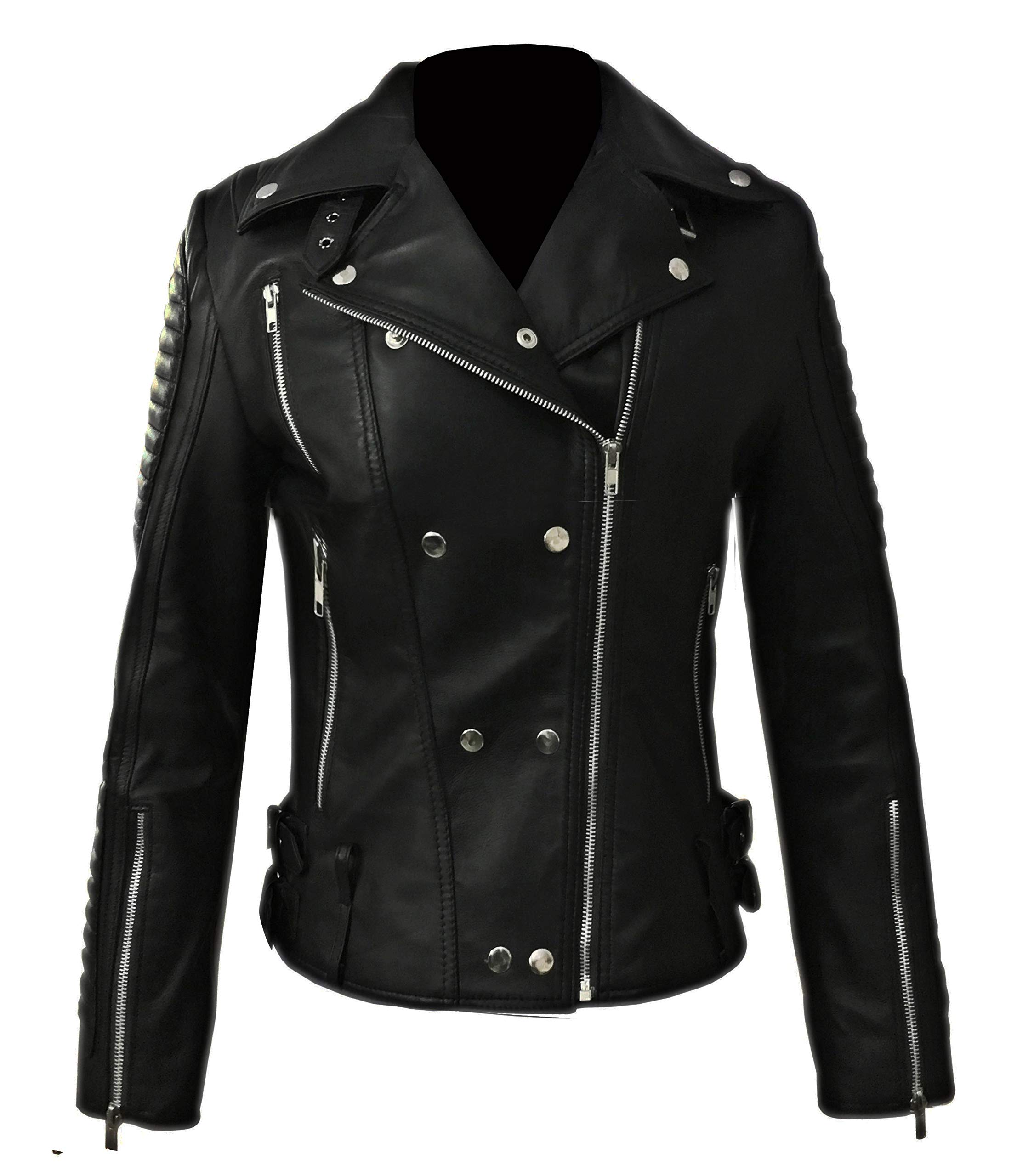 Stylish Black Leather Jacket for Women - Fashionable Moto Biker Jacket - Genuine Leather Outerwear for Ladies | Perfect for Motorcycle Riding, Night Out & Casual Wear