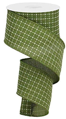 Premium Moss Green Cream Raised Stitched Squares Wired Ribbon - 2.5 Inches x 10 Yards for Gift Wrapping, DIY Crafts, Wedding Decorations & Holiday Bows