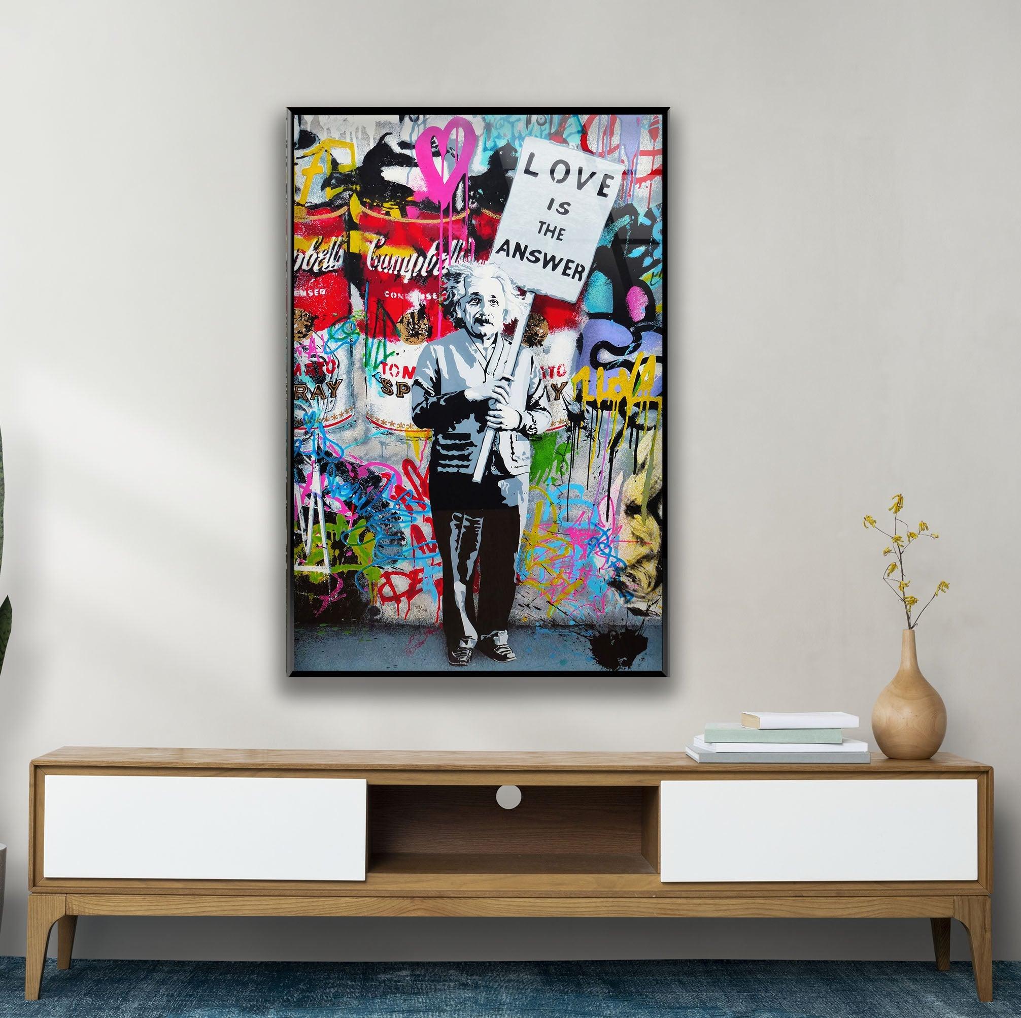 Banksy Einstein Graffiti Glass Wall Art - Modern Home Decor for Living Room, Office & Bedroom - Unique Street Art Inspired Glass Painting
