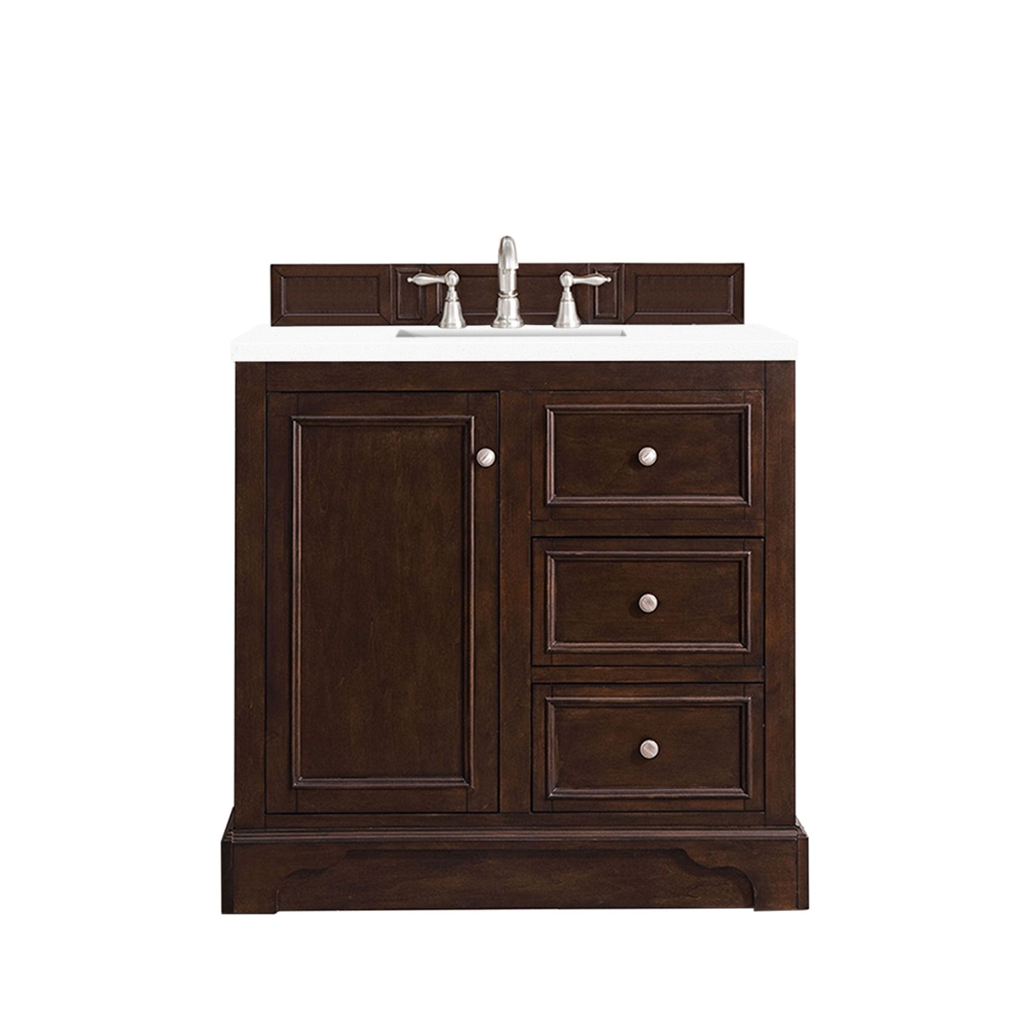De Soto 36 Inch Single Bathroom Vanity with Burnished Mahogany Cabinet & 3CM White Zeus Quartz Countertop - Perfect for Modern Master Bathrooms and Powder Rooms