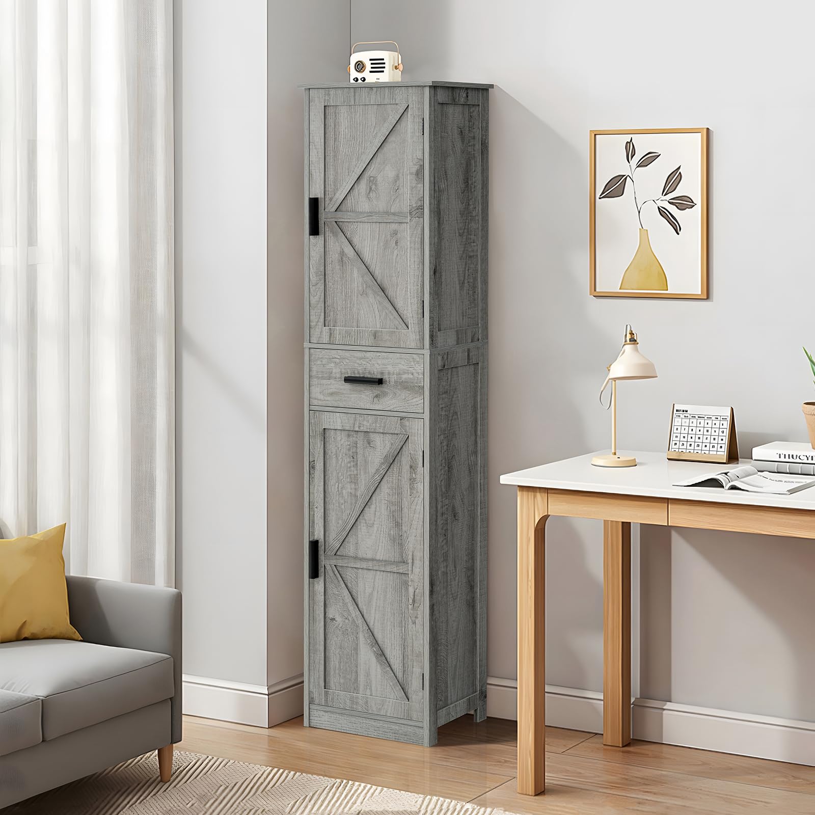 WEENFON 6-Shelf Tall Storage Cabinet with Drawer, Adjustable Shelves for Bathroom, Living Room & Home Office - Rustic Gray UNSNG083C | Space-Saving Narrow Cabinet for Small Spaces & Clutter Organization
