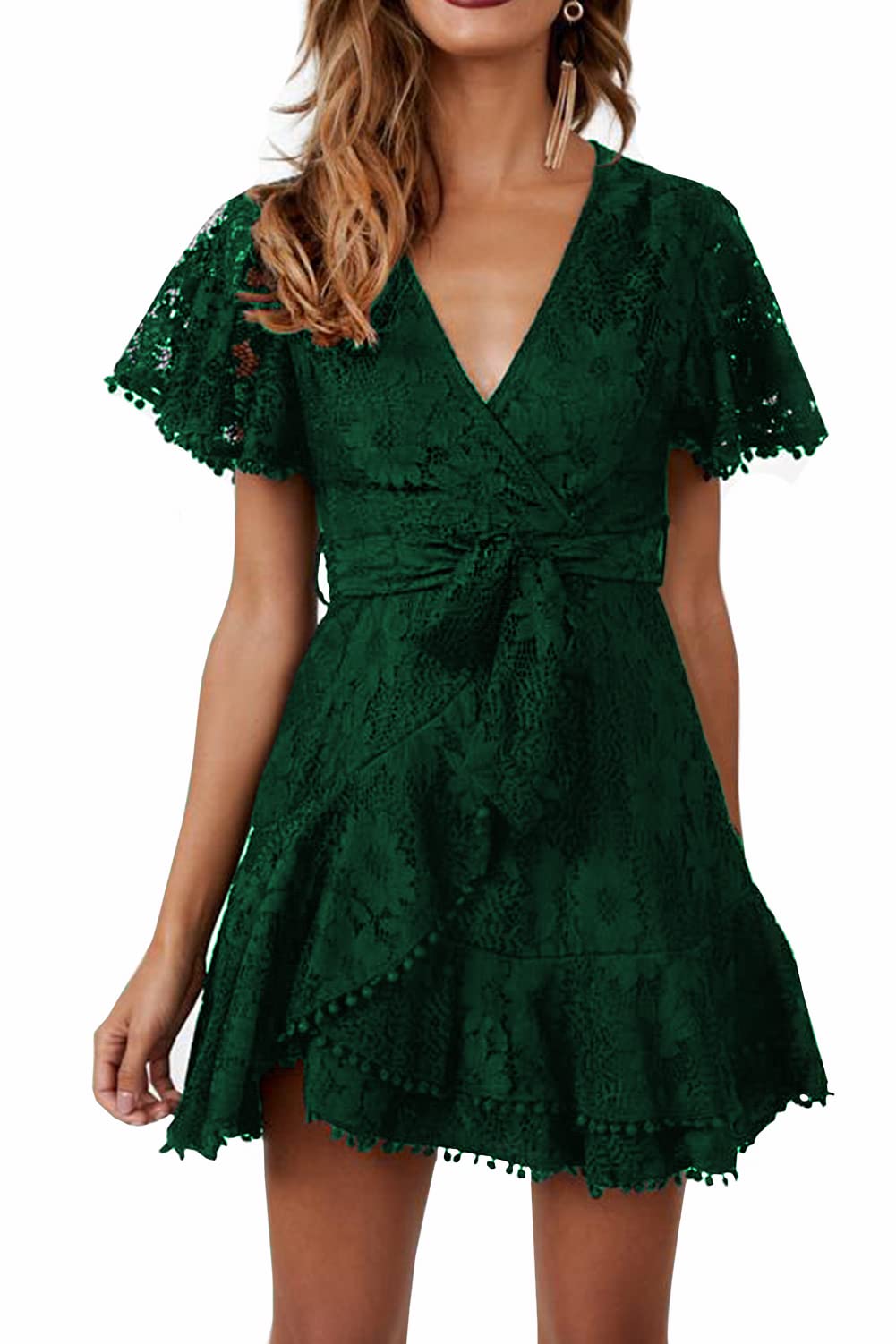 Elegant Women's Long Sleeve Ruffle Wrap Lace Mini Dress with Deep V-Neck & Lantern Sleeves - Tie Waist Casual Party Dress for Wedding Guest, Date Night, Cocktail Party & Special Occasions