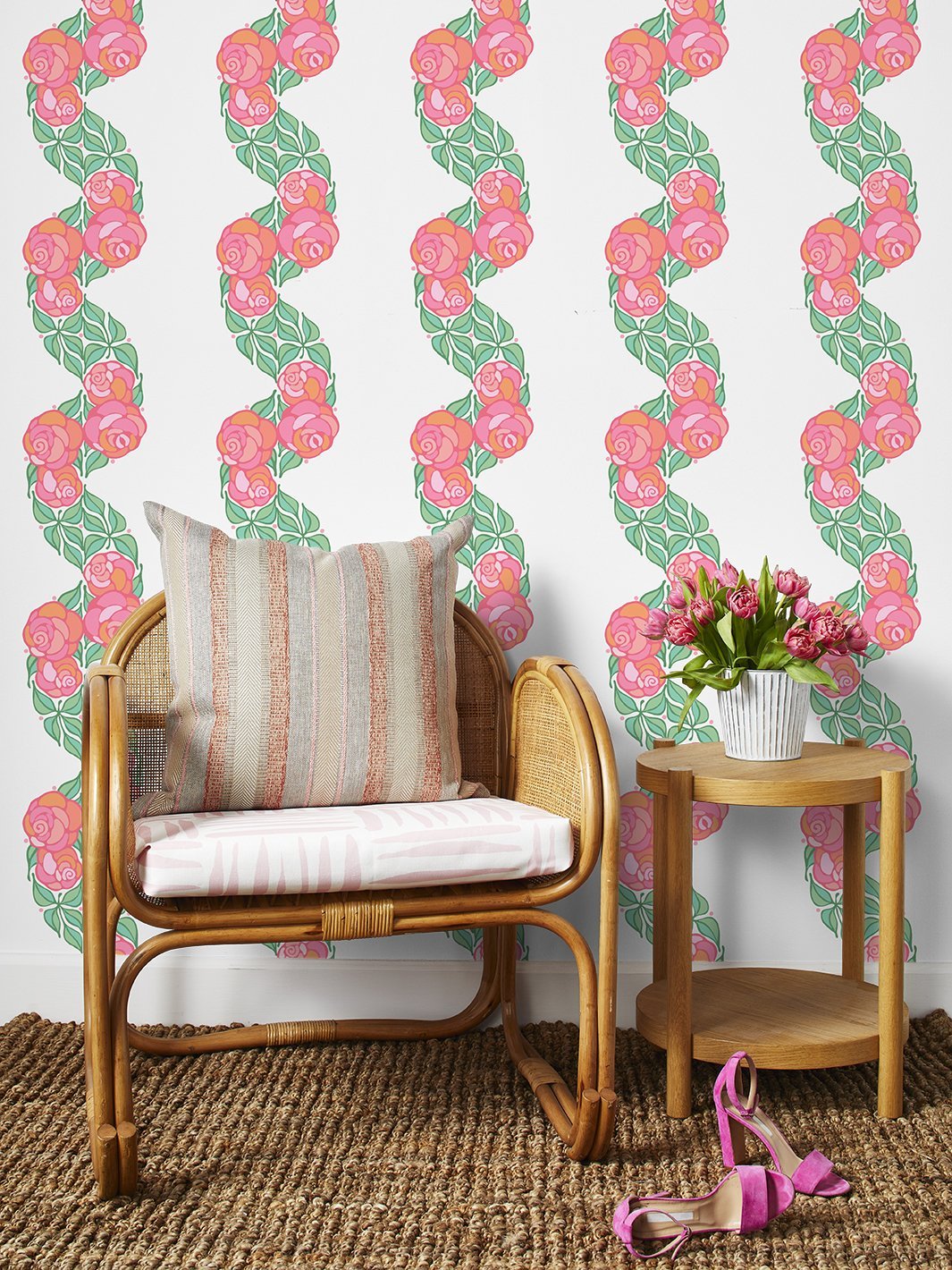 Barbie™ Rose Groovy Floral Stripe Wallpaper - Peel and Stick Removable Wallpaper for Bedroom, Nursery, Living Room Decor