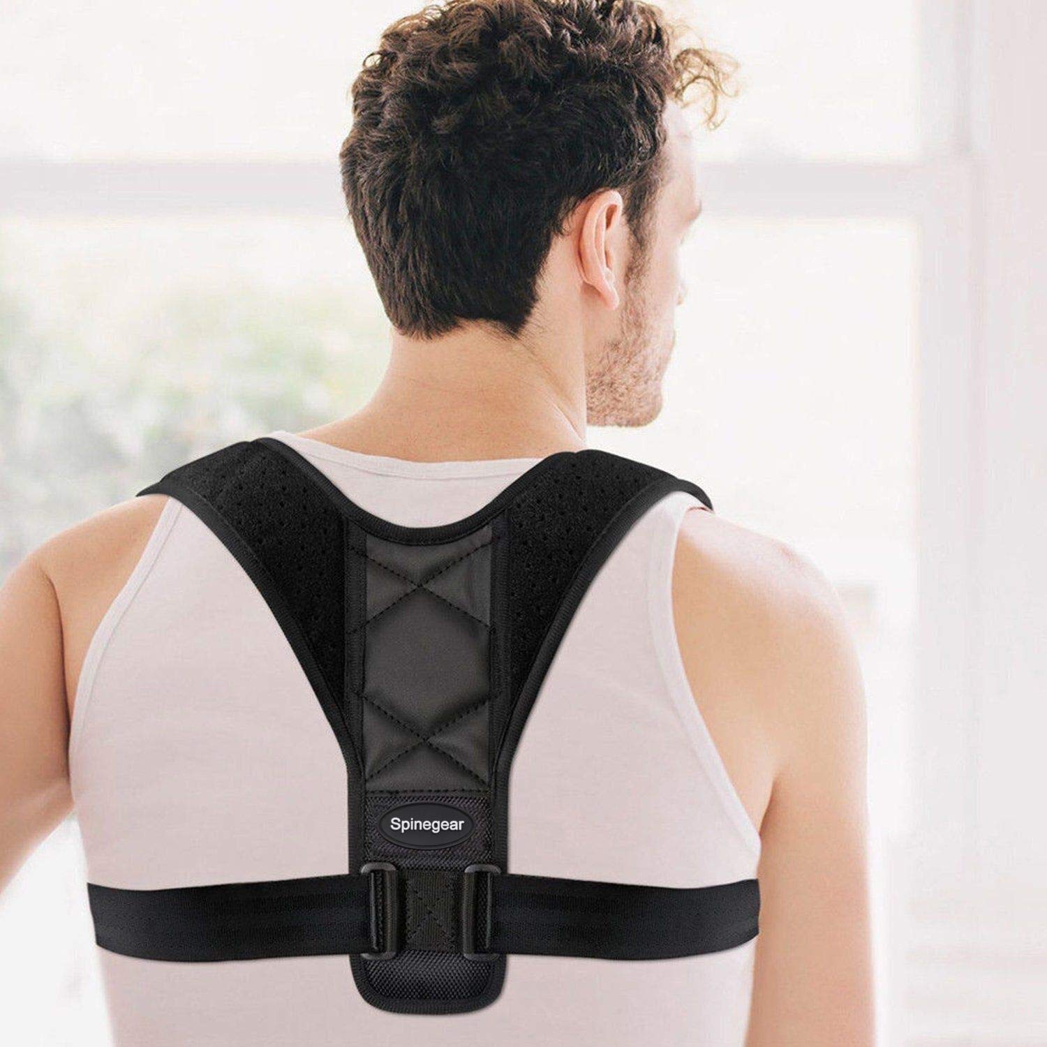 Spinegear Adjustable Posture Corrector for Men & Women - Upper Back Brace Support Strap - Clavicle Straightener for Neck & Back Pain Relief (Black, Medium) - Perfect for Office Work, Gaming & Driving